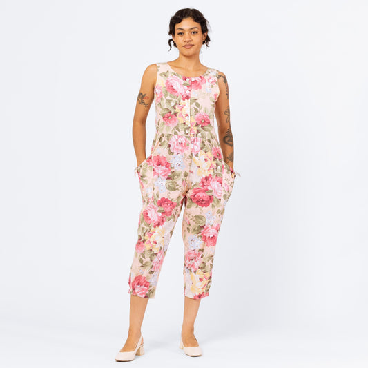 Vintage 80s Pink Floral Pinafore Jumpsuit - Small | Sleeveless Button Up Romper Playsuit, Cottagecore Summer Overalls