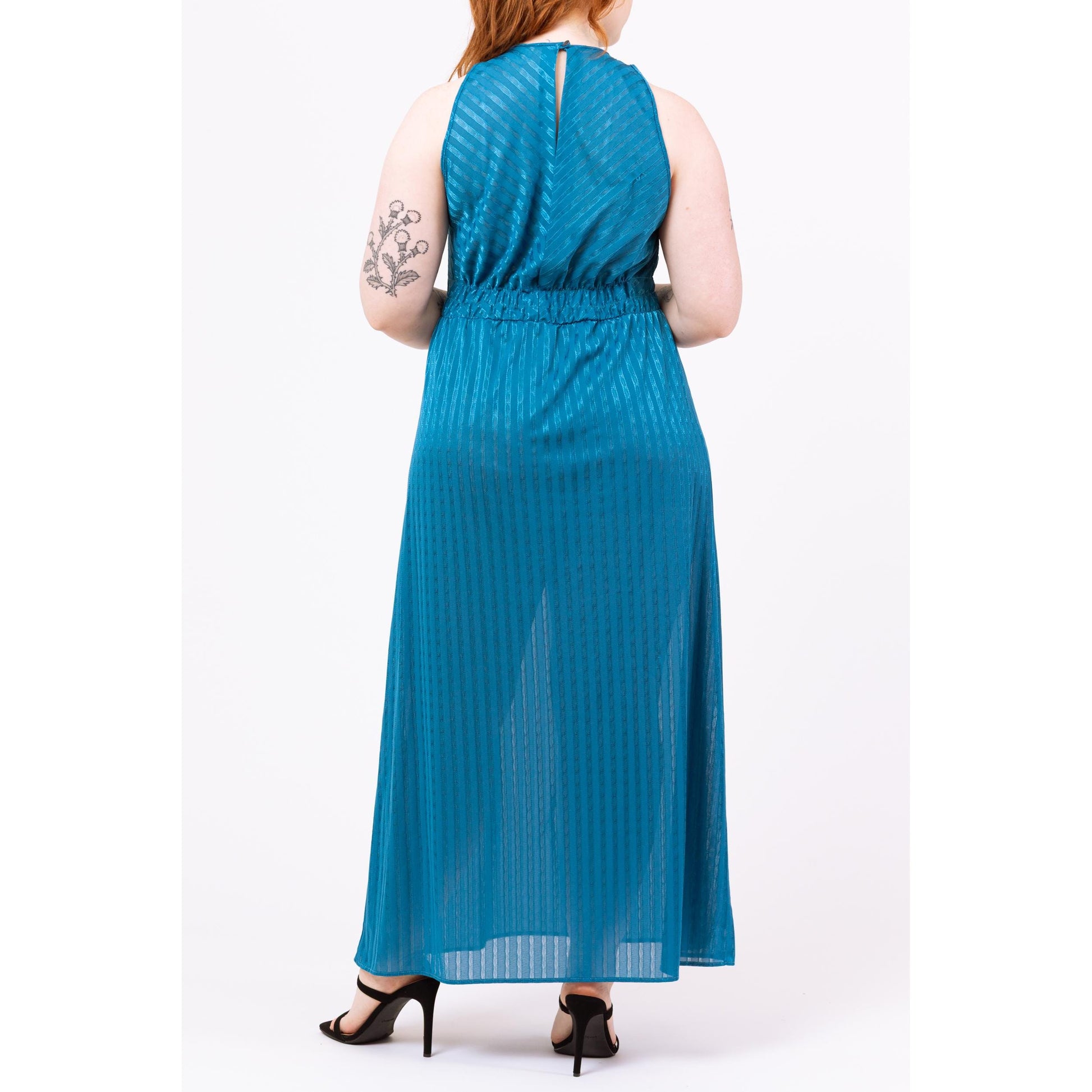 Vintage 70s Teal Blue Maxi Loungewear Slip Dress - Medium | Boho Striped Sleeveless Peignoir Lounge Nightgown