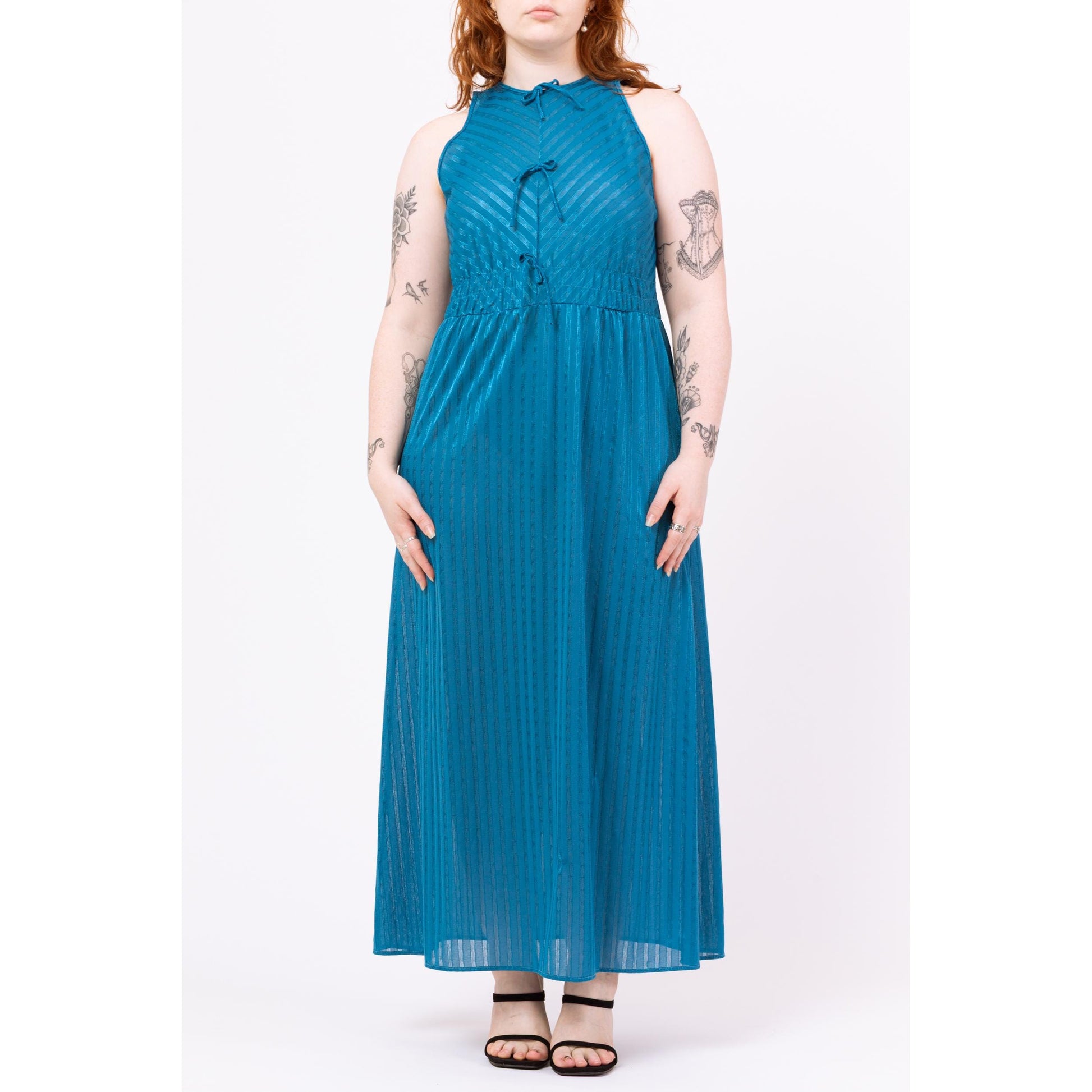 Vintage 70s Teal Blue Maxi Loungewear Slip Dress - Medium | Boho Striped Sleeveless Peignoir Lounge Nightgown