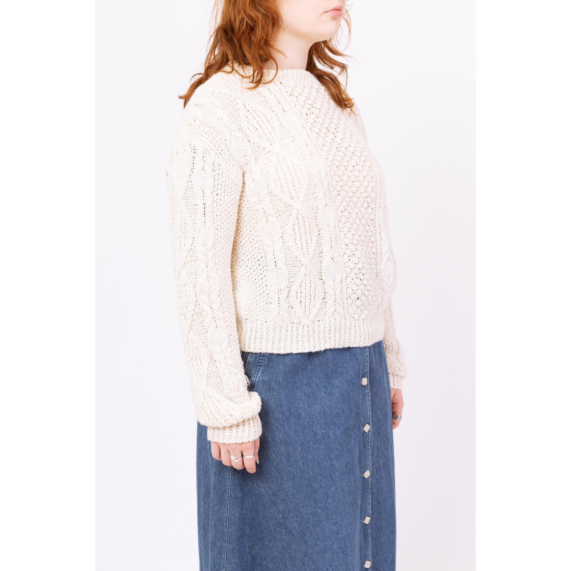 Vintage 80s White Silk Blend Cable Knit Sweater - Large | Slouchy Chunky Knit Pullover, Cozy Fisherman Sweater