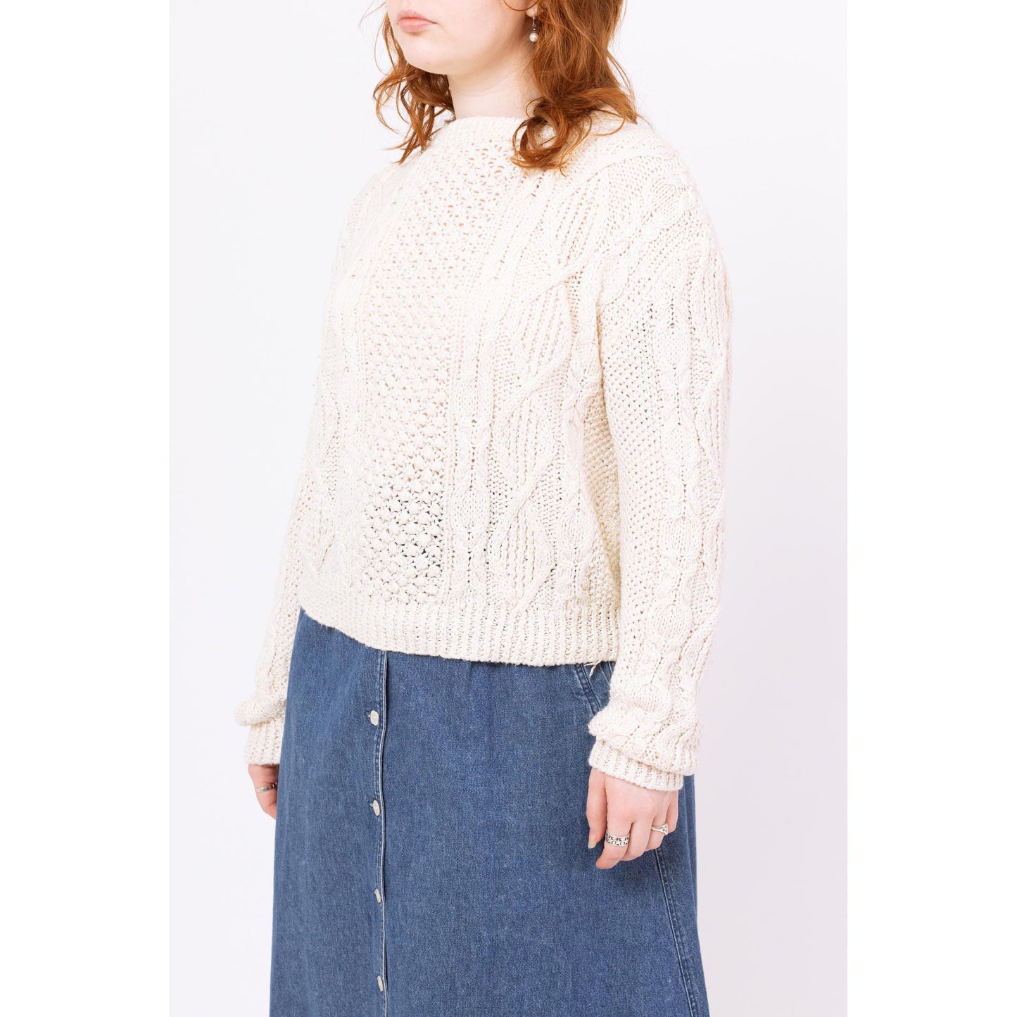 Vintage 80s White Silk Blend Cable Knit Sweater - Large | Slouchy Chunky Knit Pullover, Cozy Fisherman Sweater