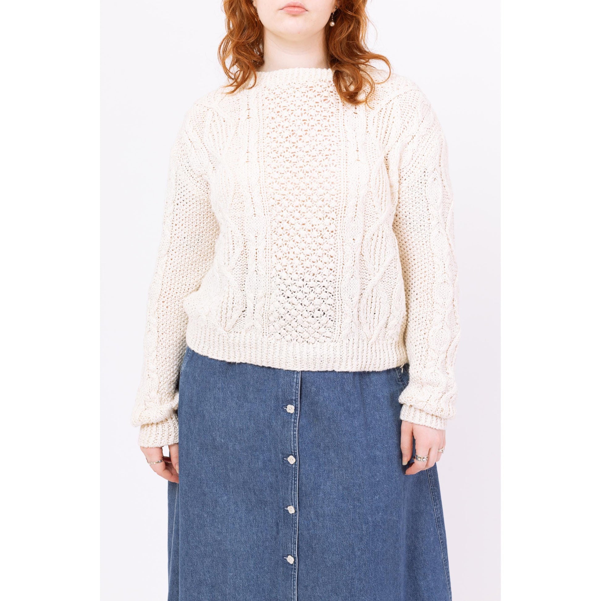 Vintage 80s White Silk Blend Cable Knit Sweater - Large | Slouchy Chunky Knit Pullover, Cozy Fisherman Sweater
