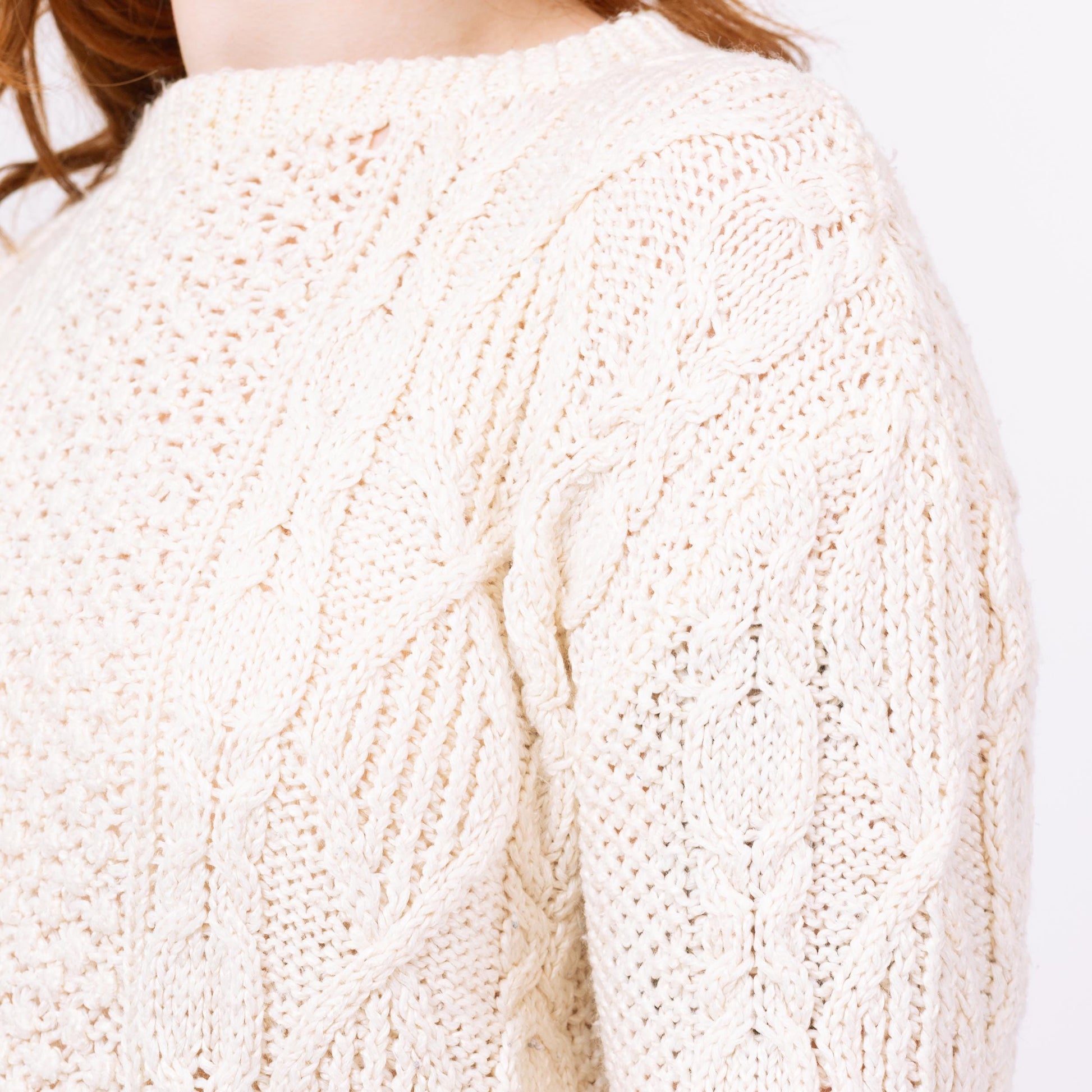 Vintage 80s White Silk Blend Cable Knit Sweater - Large | Slouchy Chunky Knit Pullover, Cozy Fisherman Sweater