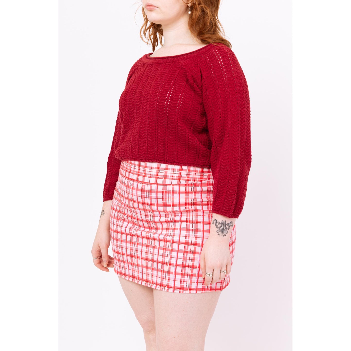 Vintage 90s Wine Red Chevron Pointelle Knit Cropped Sweater - Medium to Large | Maroon Cotton Cropped Boatneck 3/4 Sleeve Pullover