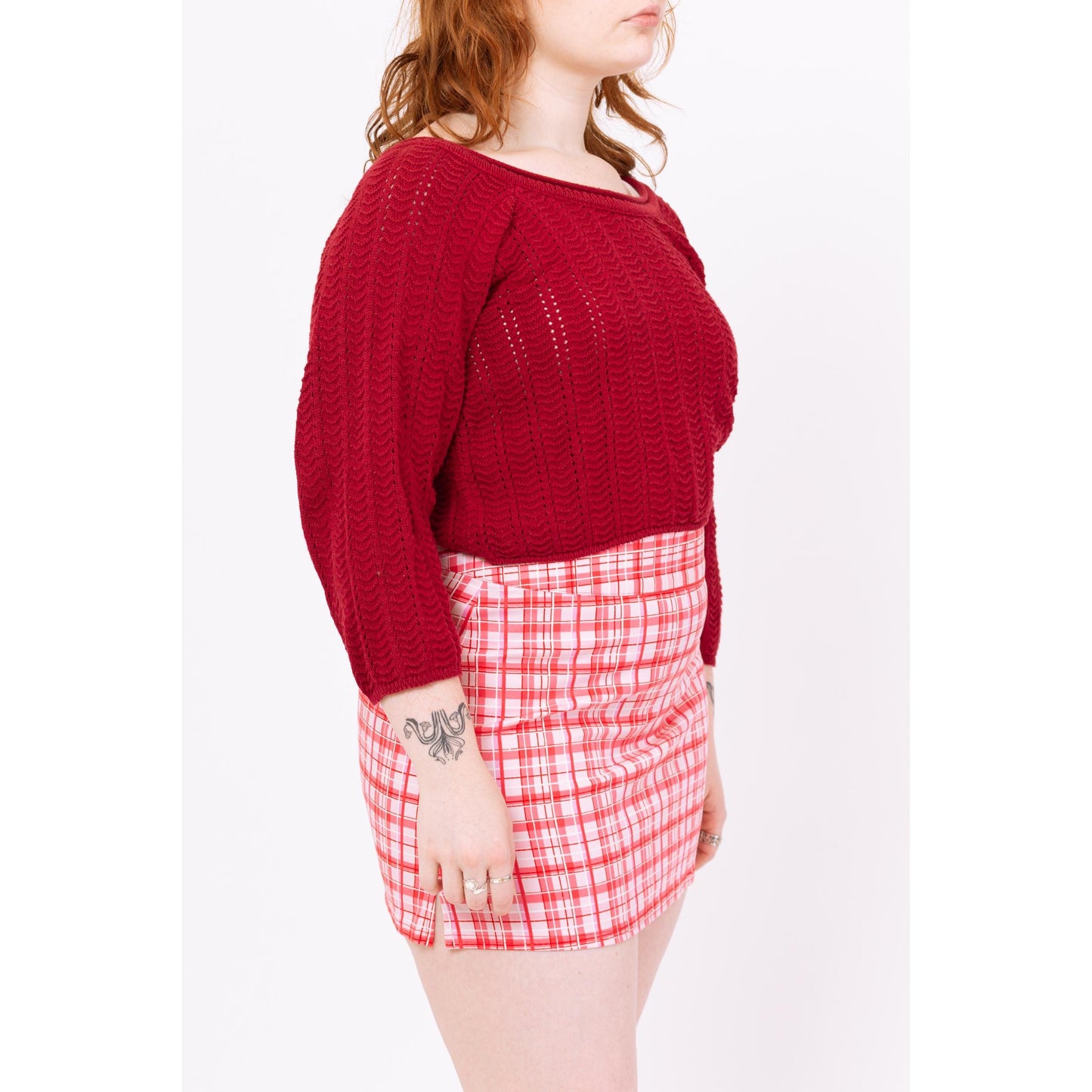 Vintage 90s Wine Red Chevron Pointelle Knit Cropped Sweater - Medium to Large | Maroon Cotton Cropped Boatneck 3/4 Sleeve Pullover