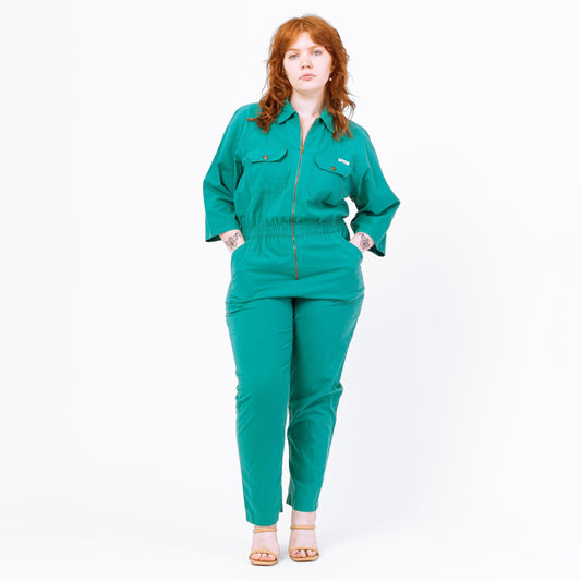 Vintage 80s Teal Green Coverall Jumpsuit - Medium to Large | Zip Up Utility Workwear 3/4 Sleeve Boiler Suit One Piece Outfit