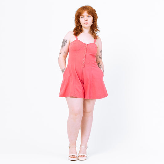 Vintage 80s Coral Pink Wide Leg Romper - Medium | Spaghetti Strap Button Front Playsuit, Retro Summer Outfit With Pockets