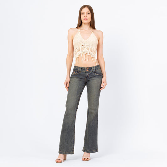 Vintage Y2K Low Rise Flared Jeans - Small | 90s 2000s Faded Denim Bootcut Flares
