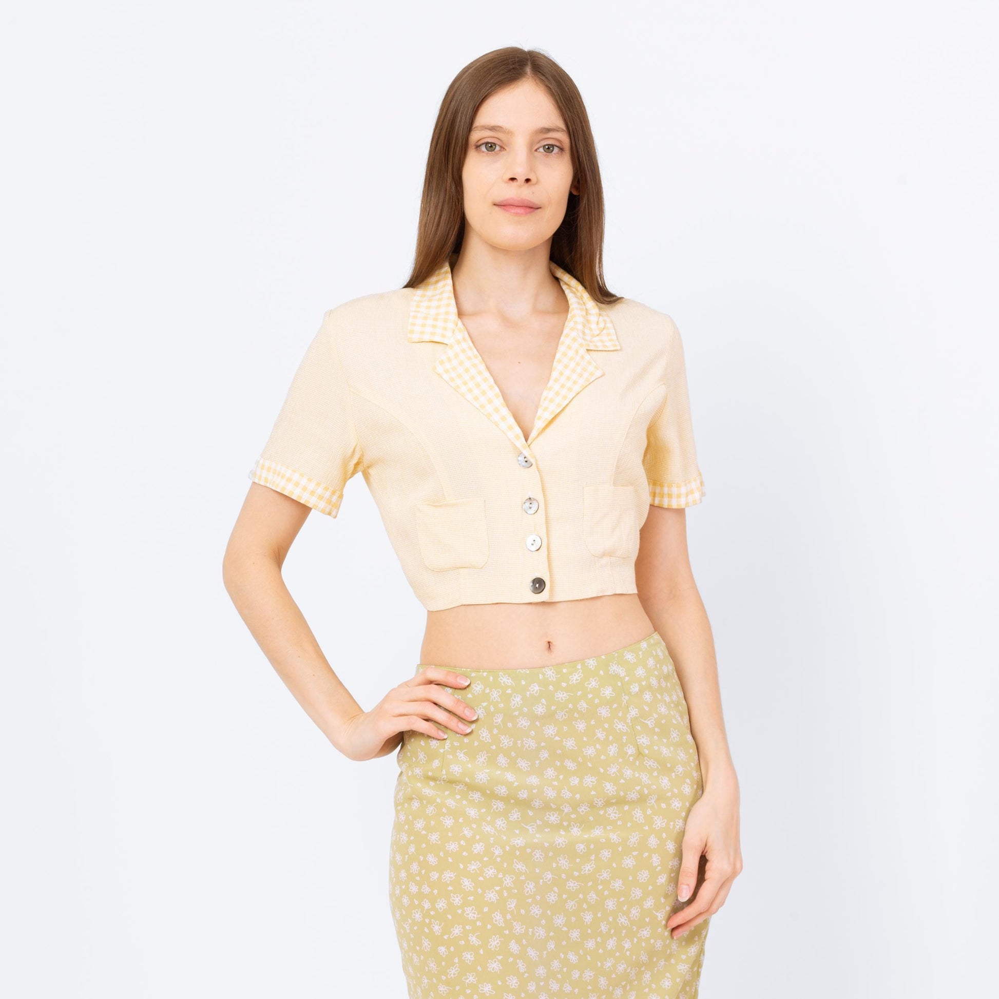 Vintage 90s Yellow Gingham Cinched Waist Crop Top - Small | Boho Short Sleeve Collared Cropped Blouse, Cottagecore Button Up Shirt