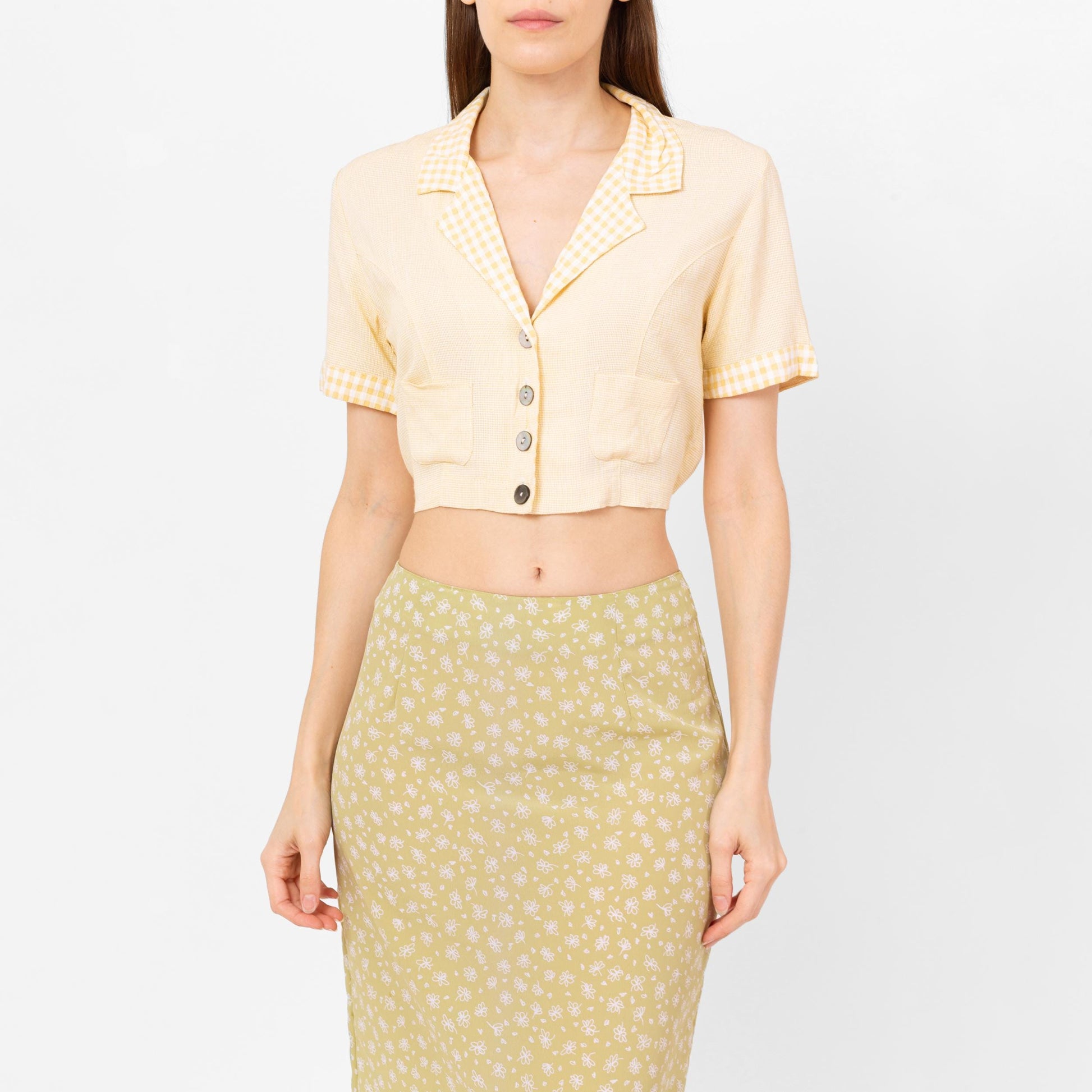 Vintage 90s Yellow Gingham Cinched Waist Crop Top - Small | Boho Short Sleeve Collared Cropped Blouse, Cottagecore Button Up Shirt