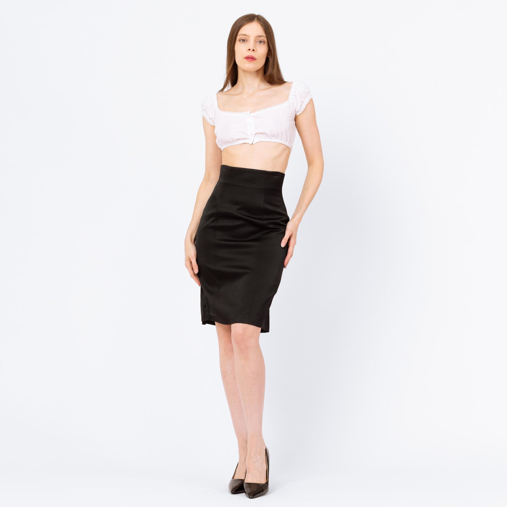 Vintage 80s Patrick Kelly Black Satin Trumpet Hem Pencil Skirt - Extra Small, 25" Waist | Designer High Waisted Femme Tuxedo Mini Skirt