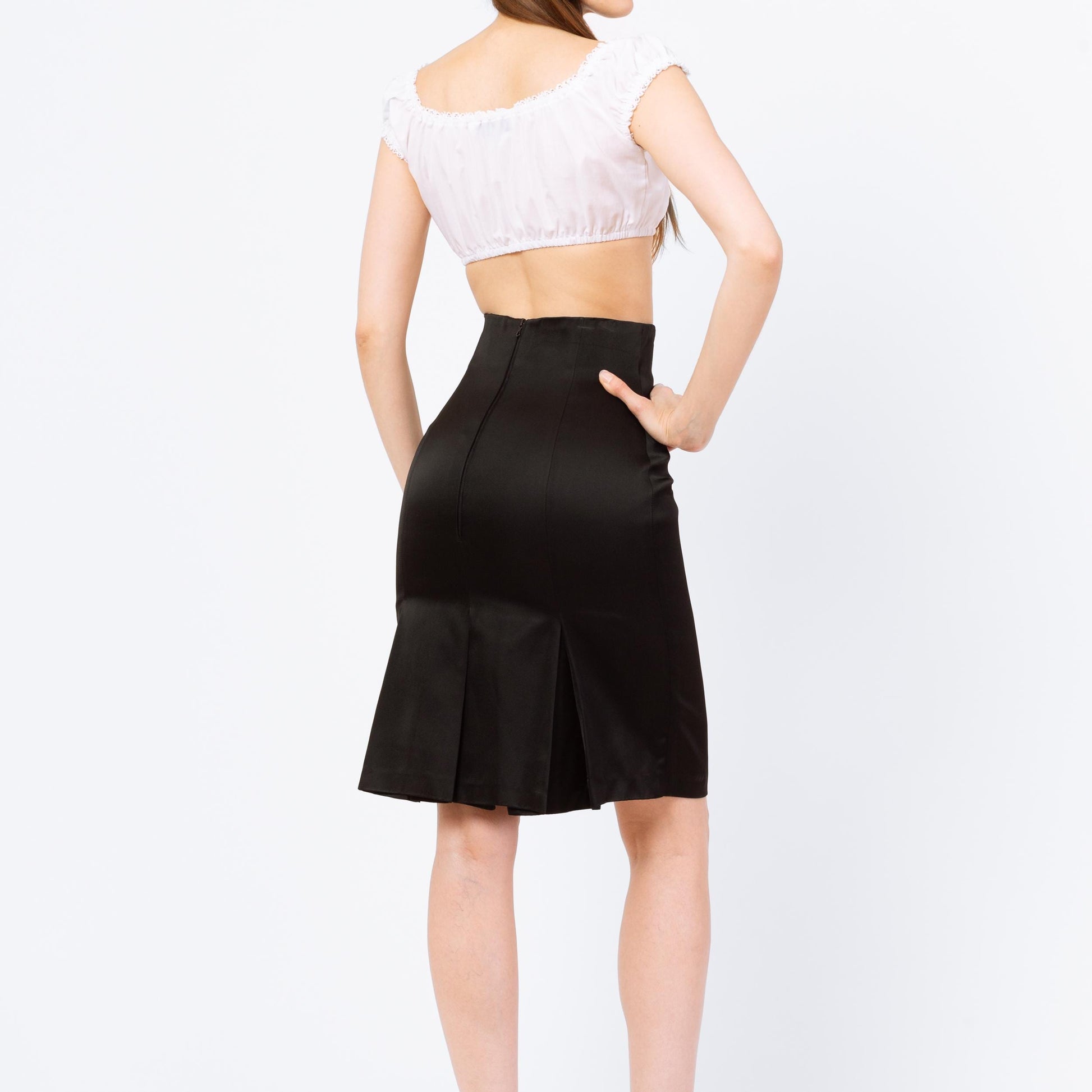 Vintage 80s Patrick Kelly Black Satin Trumpet Hem Pencil Skirt - Extra Small, 25" Waist | Designer High Waisted Femme Tuxedo Mini Skirt