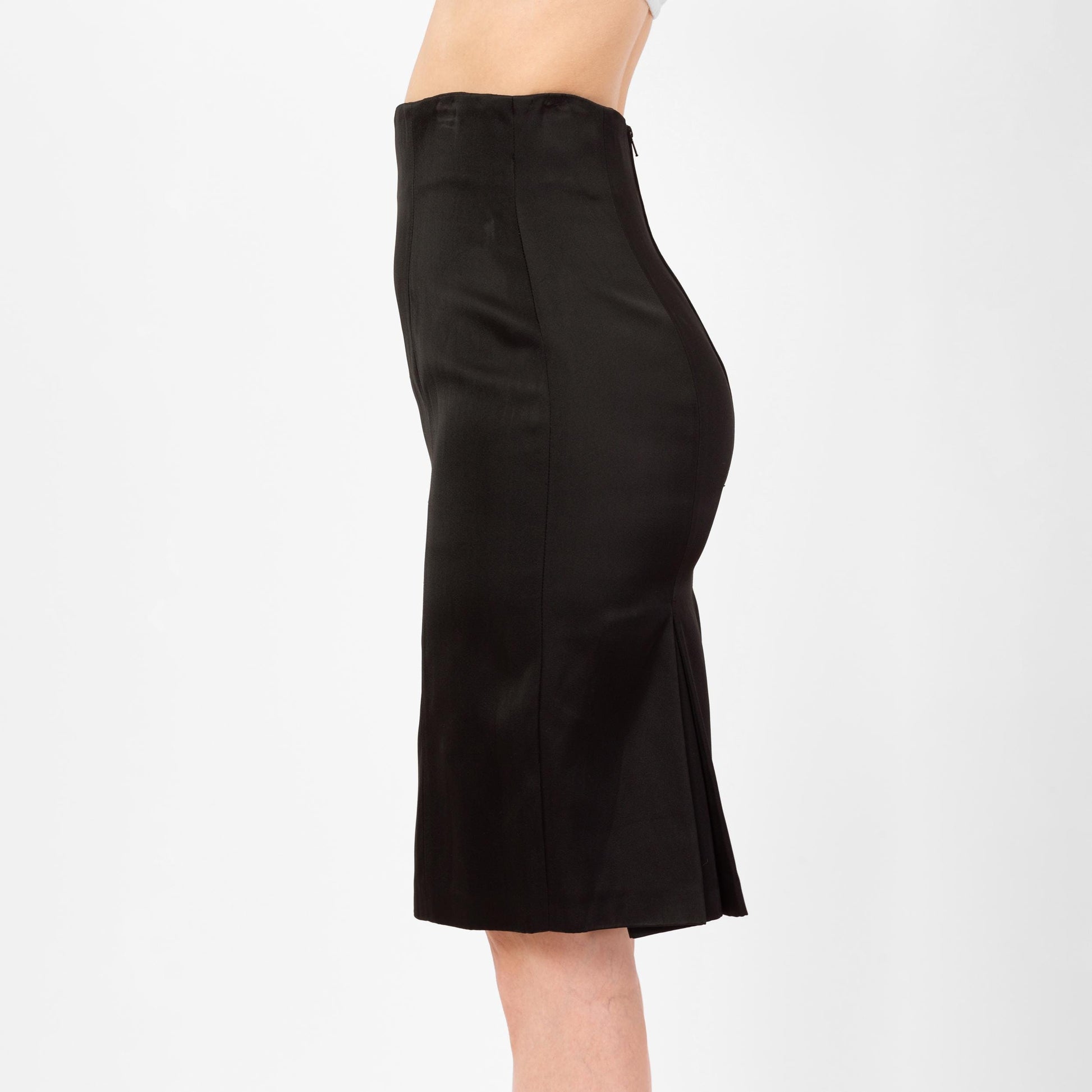 Vintage 80s Patrick Kelly Black Satin Trumpet Hem Pencil Skirt - Extra Small, 25" Waist | Designer High Waisted Femme Tuxedo Mini Skirt