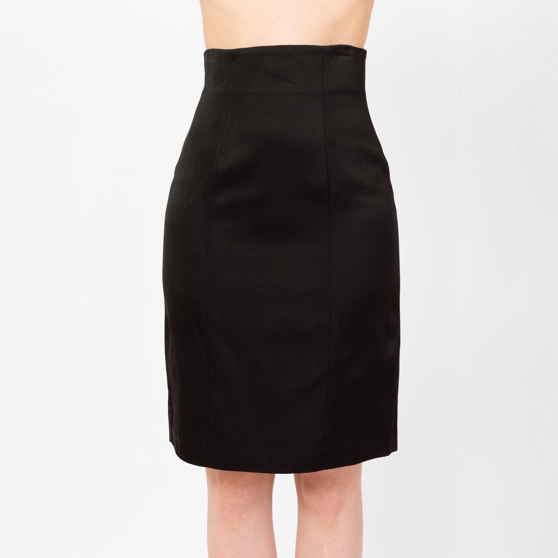 Vintage 80s Patrick Kelly Black Satin Trumpet Hem Pencil Skirt - Extra Small, 25" Waist | Designer High Waisted Femme Tuxedo Mini Skirt