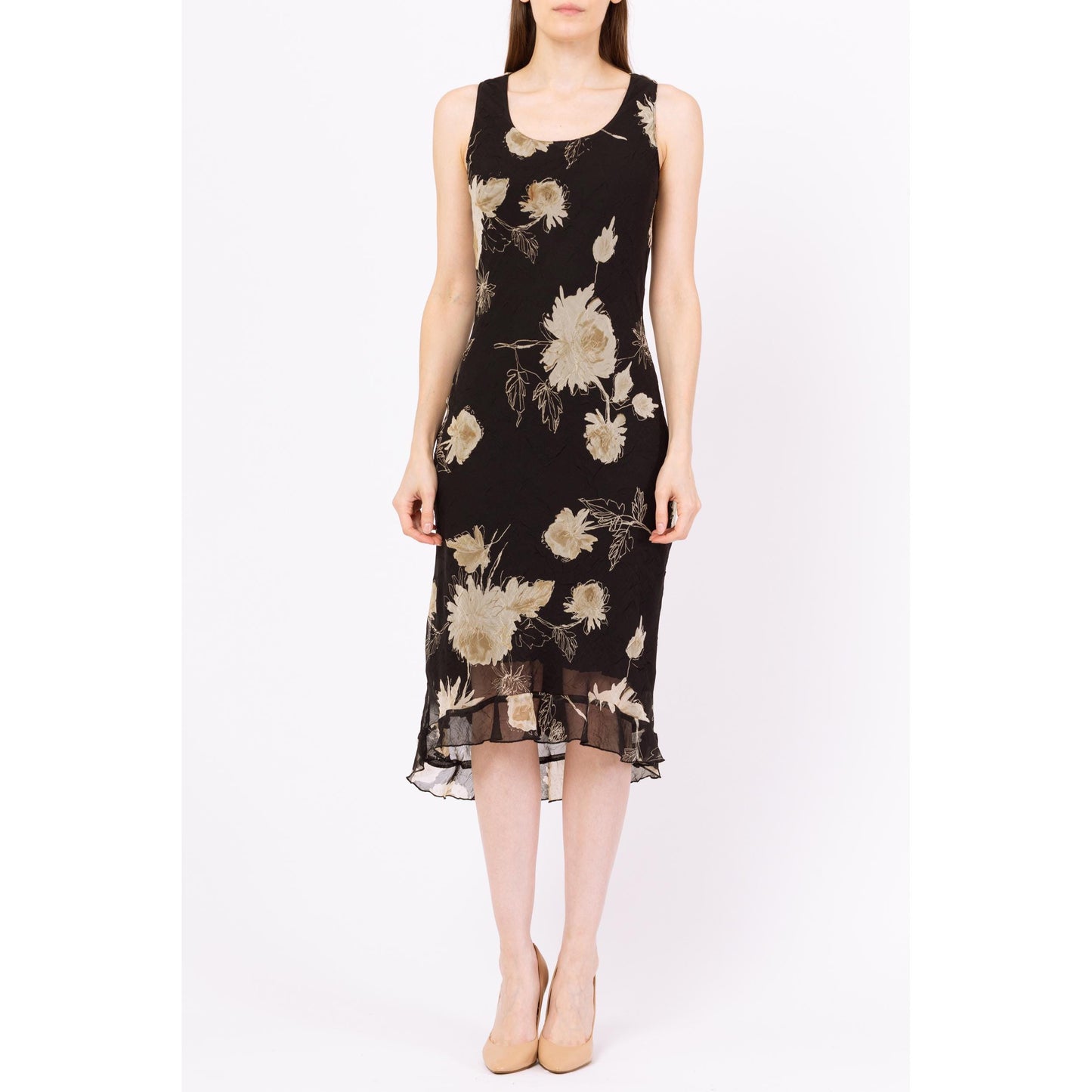 Vintage 90s Black Floral Bias Cut High-Low Midi Dress - Small, Size 6 | Boho Slinky Sleeveless Sundress, Wedding Guest Dress