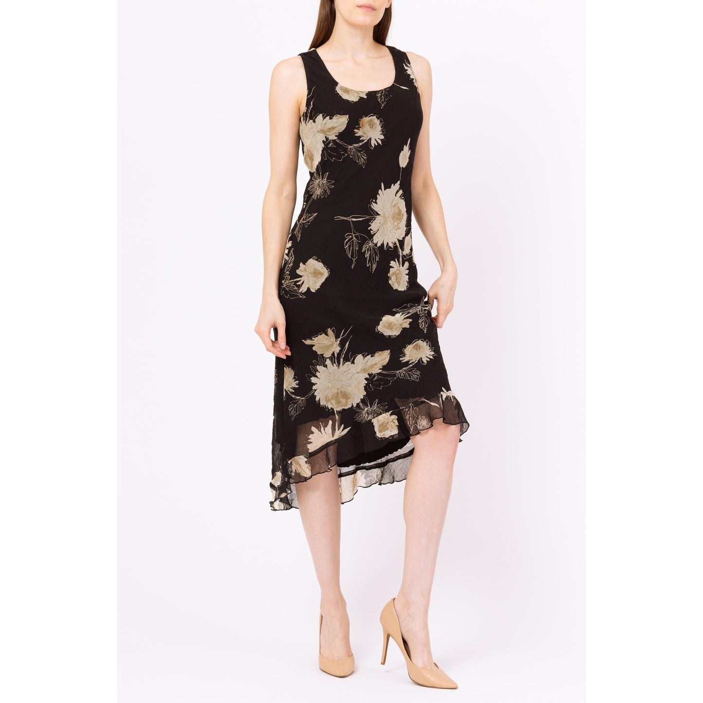 Vintage 90s Black Floral Bias Cut High-Low Midi Dress - Small, Size 6 | Boho Slinky Sleeveless Sundress, Wedding Guest Dress
