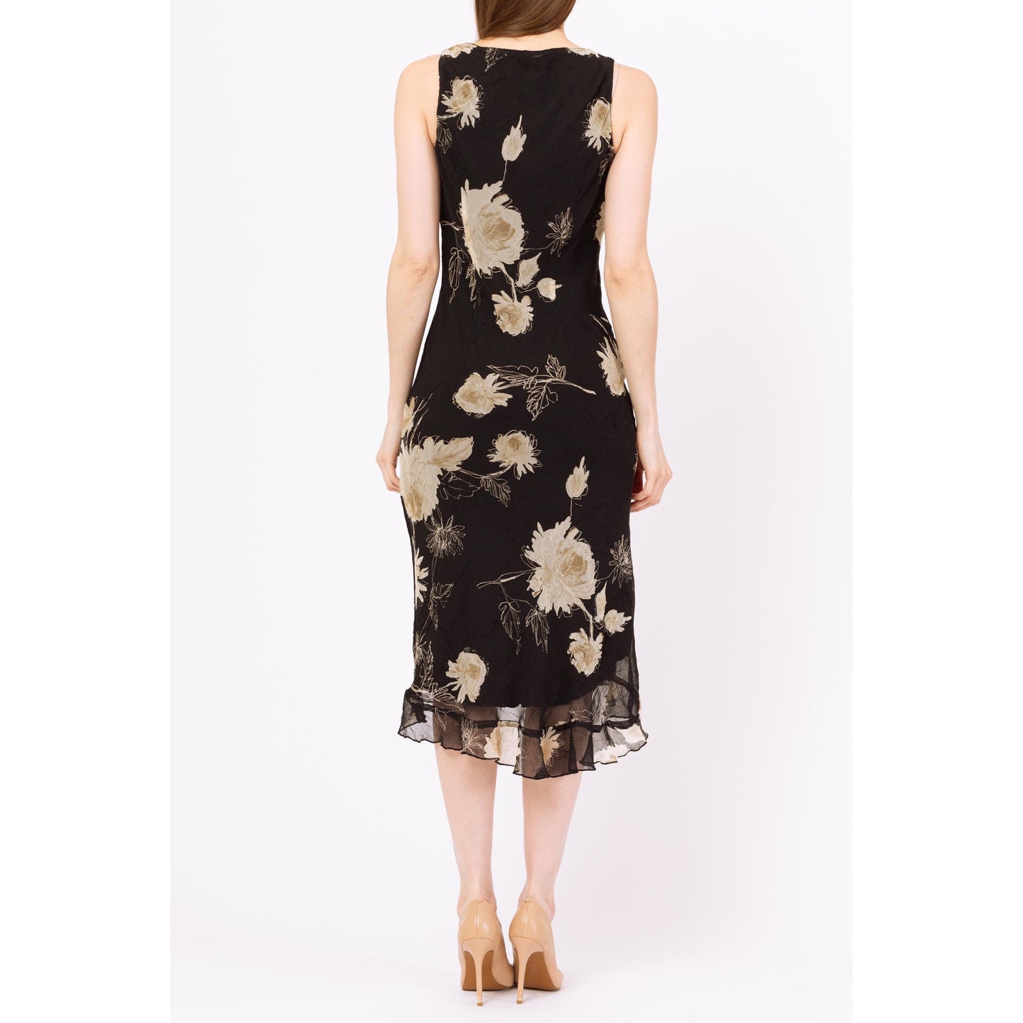 Vintage 90s Black Floral Bias Cut High-Low Midi Dress - Small, Size 6 | Boho Slinky Sleeveless Sundress, Wedding Guest Dress