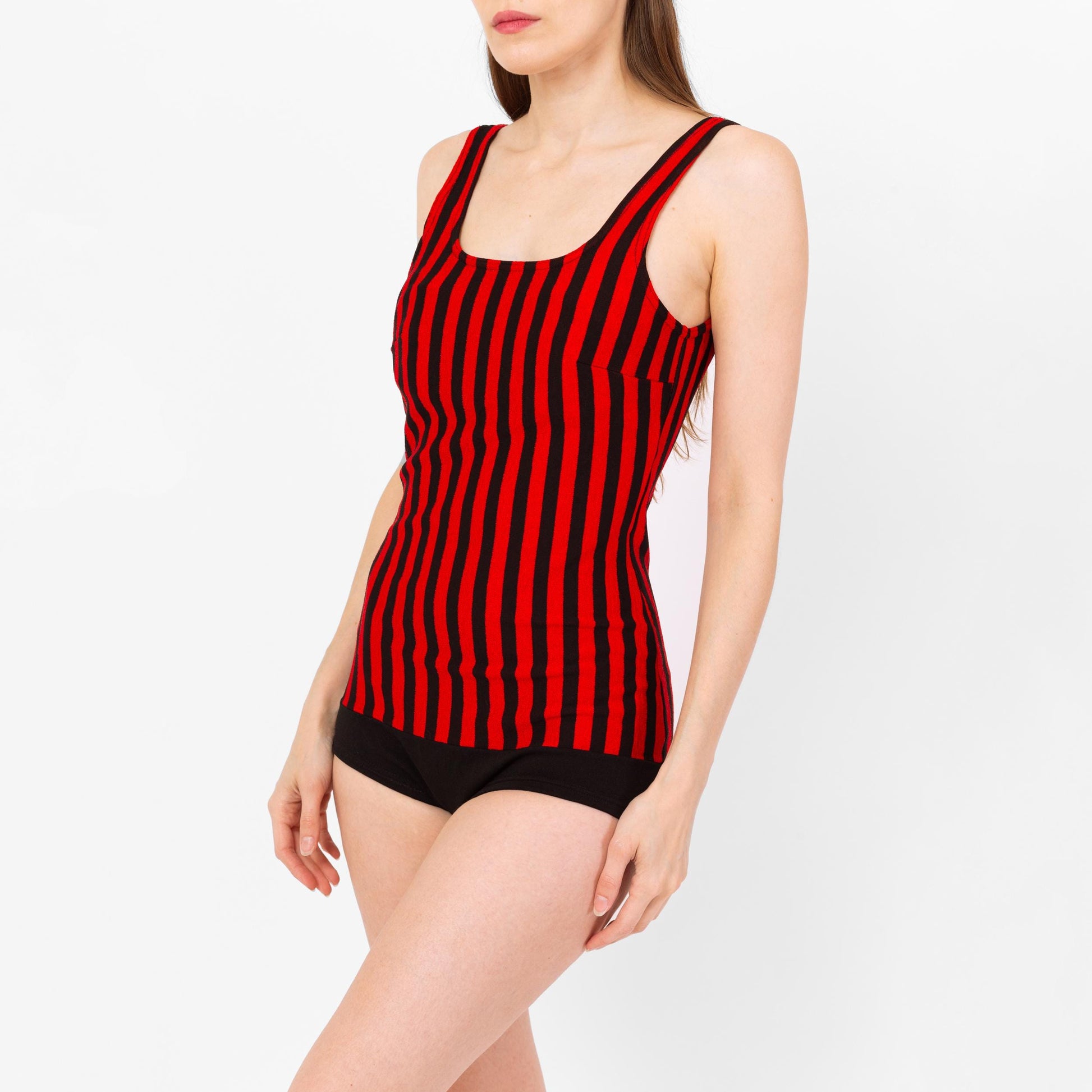 Vintage 70s Red & Black Striped One Piece Swimsuit - Medium | Retro Low Back Gothic Rockabilly Pinup Bathing Suit
