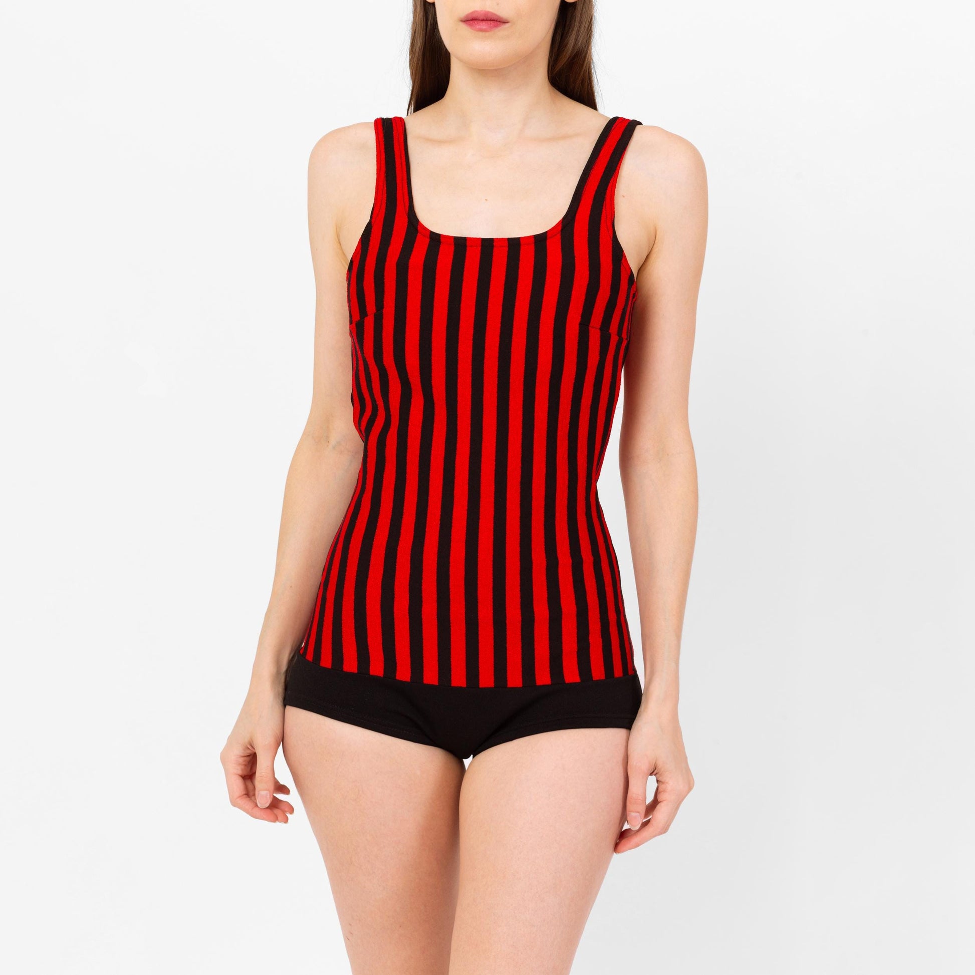 Vintage 70s Red & Black Striped One Piece Swimsuit - Medium | Retro Low Back Gothic Rockabilly Pinup Bathing Suit