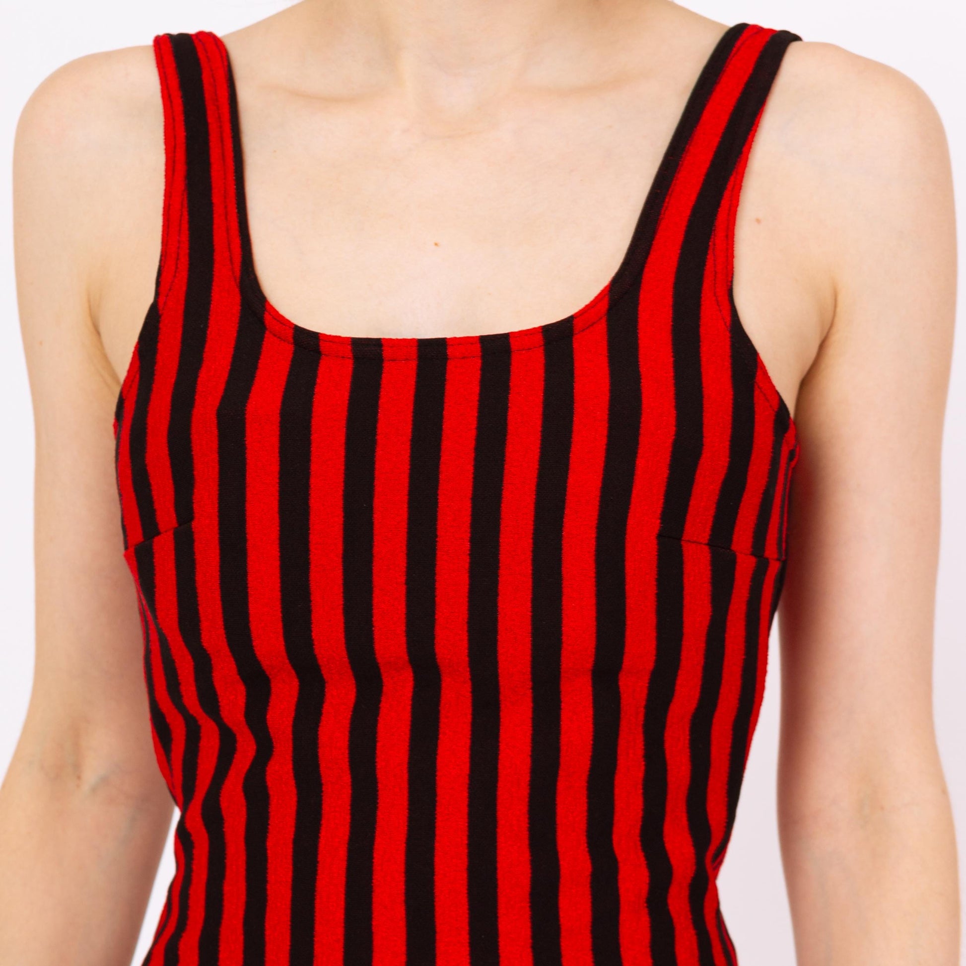 Vintage 70s Red & Black Striped One Piece Swimsuit - Medium | Retro Low Back Gothic Rockabilly Pinup Bathing Suit