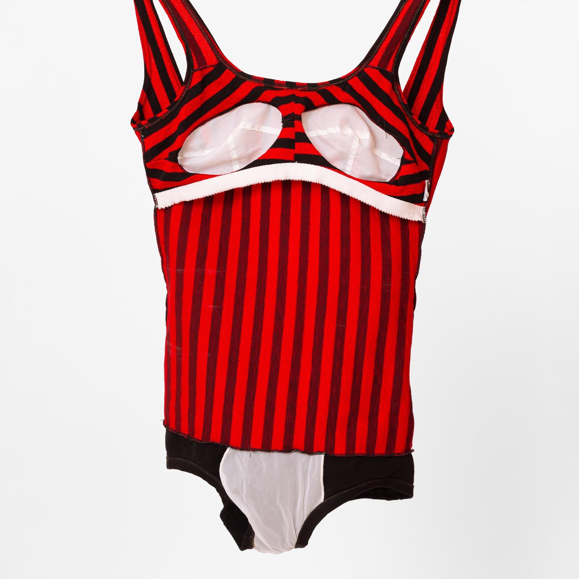 Vintage 70s Red & Black Striped One Piece Swimsuit - Medium | Retro Low Back Gothic Rockabilly Pinup Bathing Suit