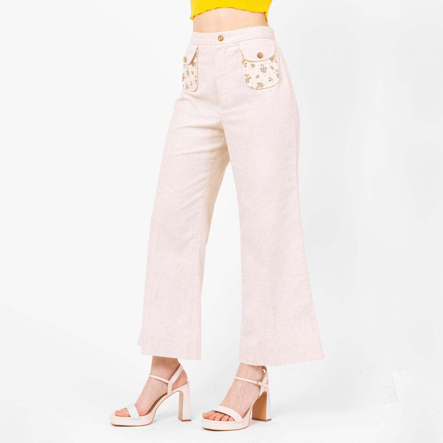 Vintage 70s Floral Pocket Flared Pants - Medium, 29" Waist | Boho High Waisted Oatmeal Bell Bottom Folk Cottagecore Flares