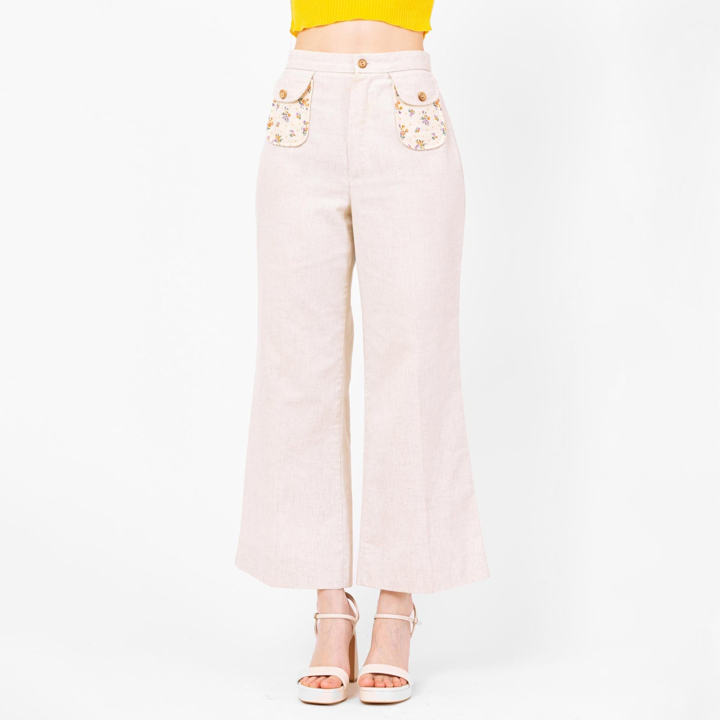 Vintage 70s Floral Pocket Flared Pants - Medium, 29" Waist | Boho High Waisted Oatmeal Bell Bottom Folk Cottagecore Flares