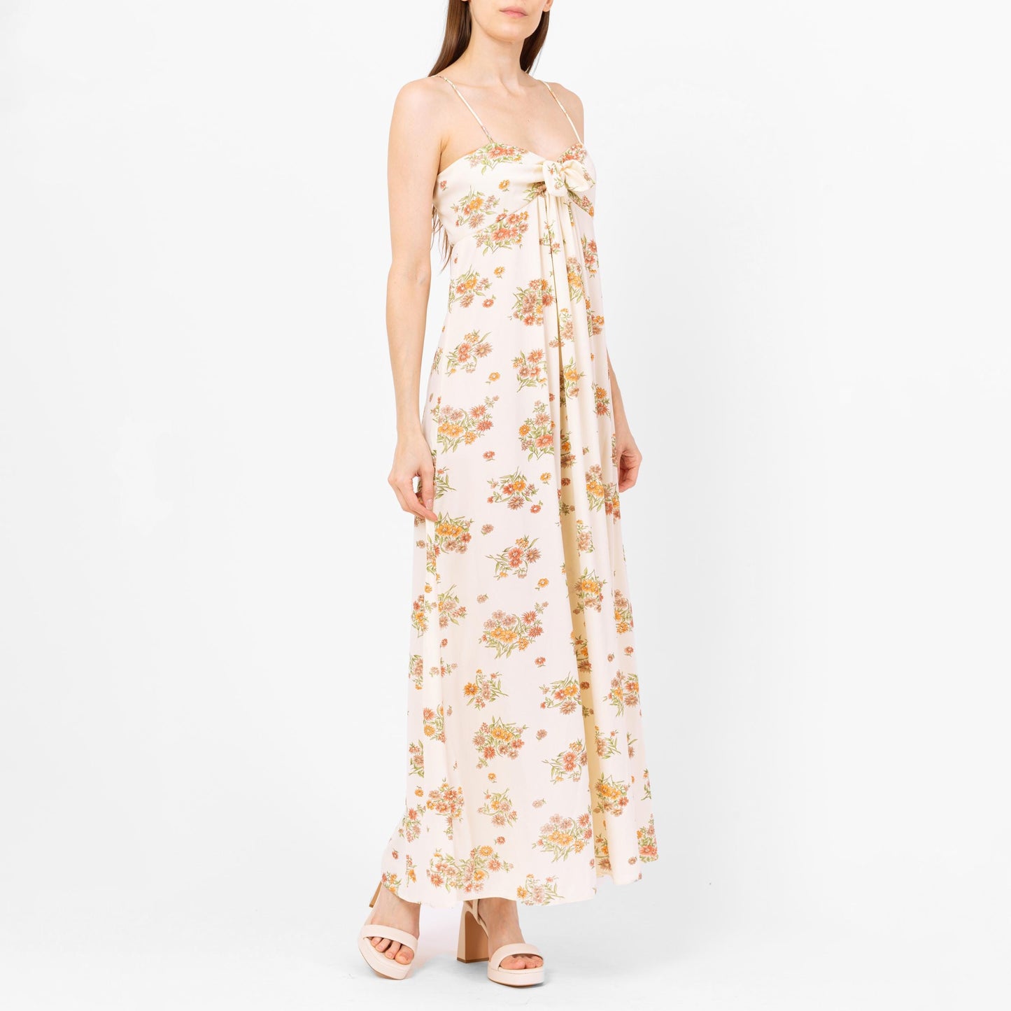 Vintage 70s Wildflower Floral Maxi Sundress - Small | Boho Cream Tie Front Spaghetti Strap Summer Date Night Wedding Guest Dress