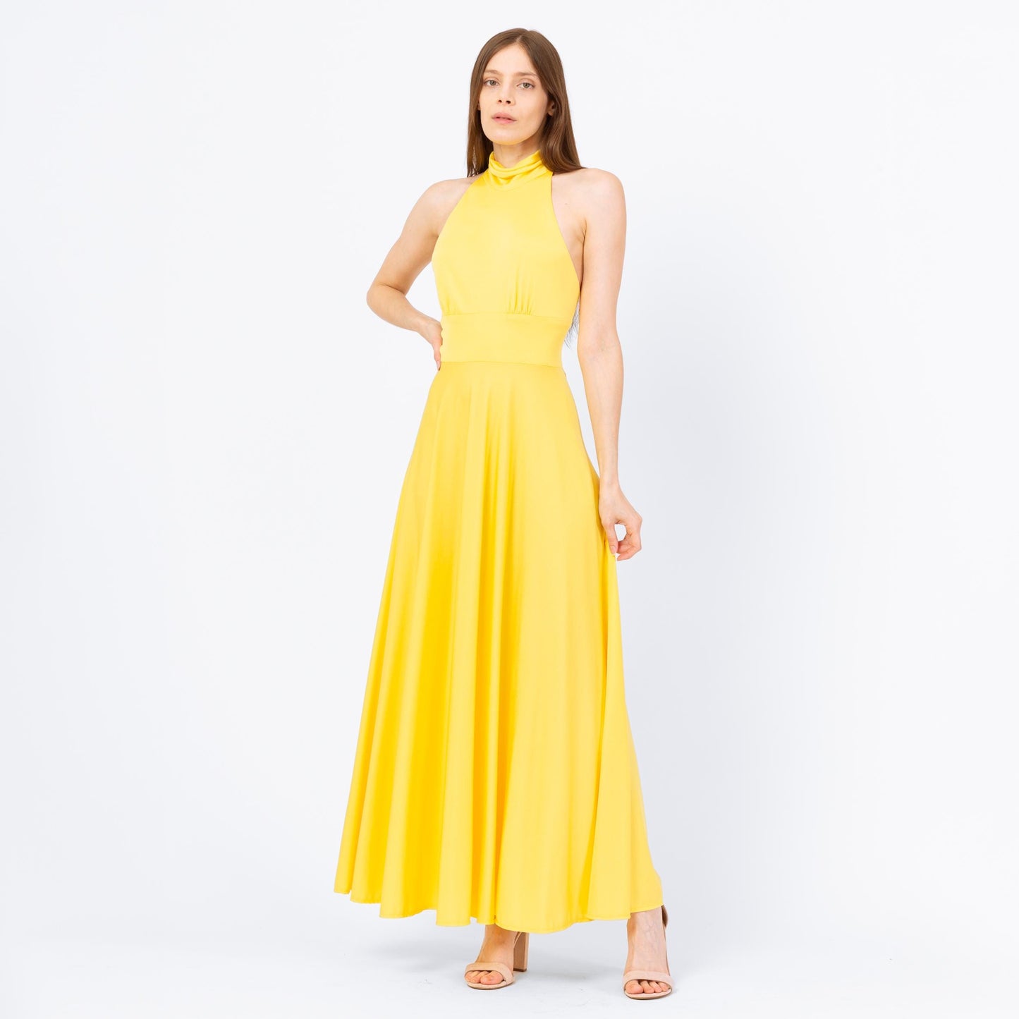 Vintage 70s Lillie Rubin Yellow Maxi Halter Dress - Extra Small | Boho Low Back Summer Disco Sundress, Wedding Guest Dress