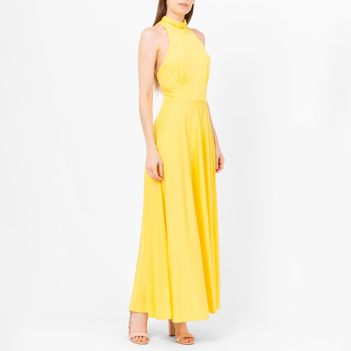 Vintage 70s Lillie Rubin Yellow Maxi Halter Dress - Extra Small | Boho Low Back Summer Disco Sundress, Wedding Guest Dress