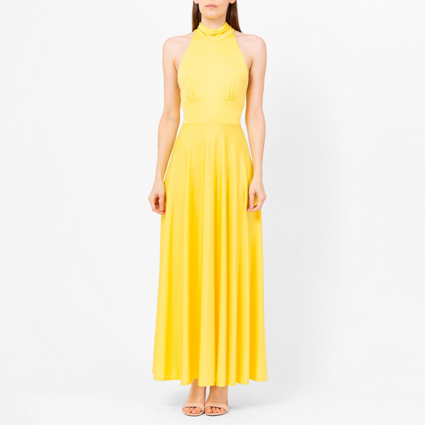 Vintage 70s Lillie Rubin Yellow Maxi Halter Dress - Extra Small | Boho Low Back Summer Disco Sundress, Wedding Guest Dress