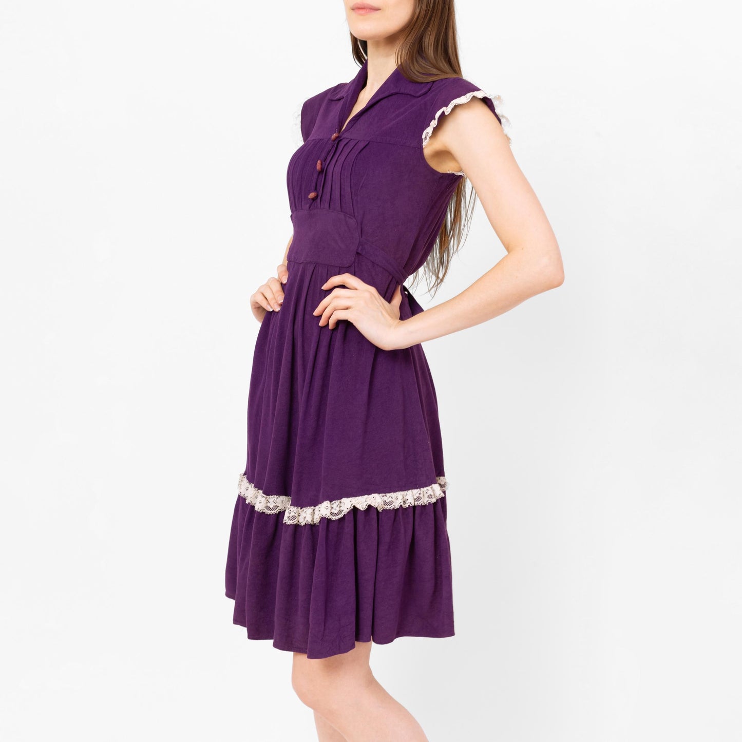 Vintage 70s Purple Lace Trim Prairie Mini Dress - Extra Small | Boho Knee Length Felt Sundress, A-Line Cottagecore Folk Dress