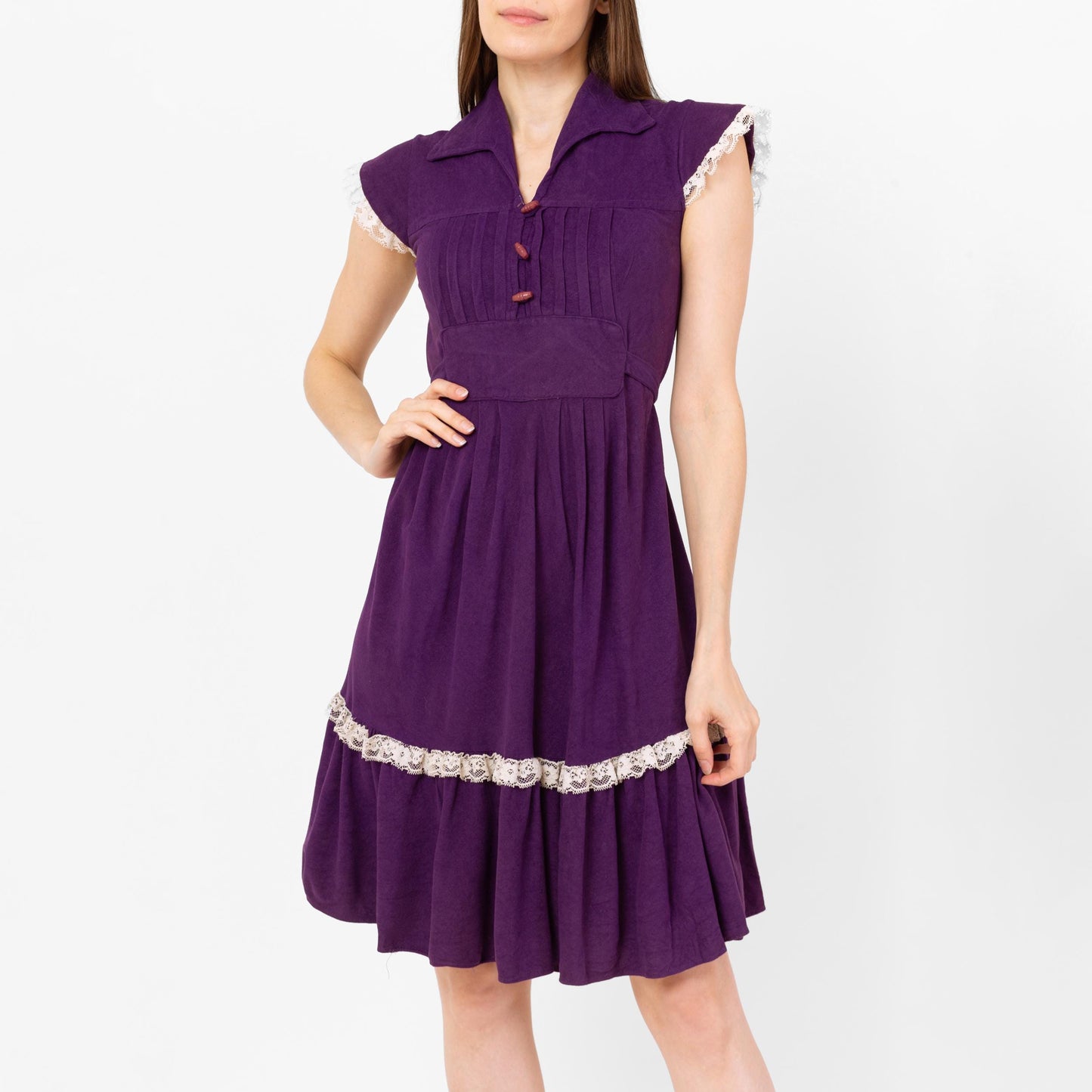 Vintage 70s Purple Lace Trim Prairie Mini Dress - Extra Small | Boho Knee Length Felt Sundress, A-Line Cottagecore Folk Dress