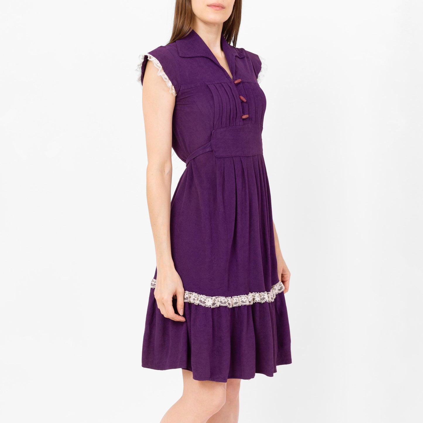 Vintage 70s Purple Lace Trim Prairie Mini Dress - Extra Small | Boho Knee Length Felt Sundress, A-Line Cottagecore Folk Dress