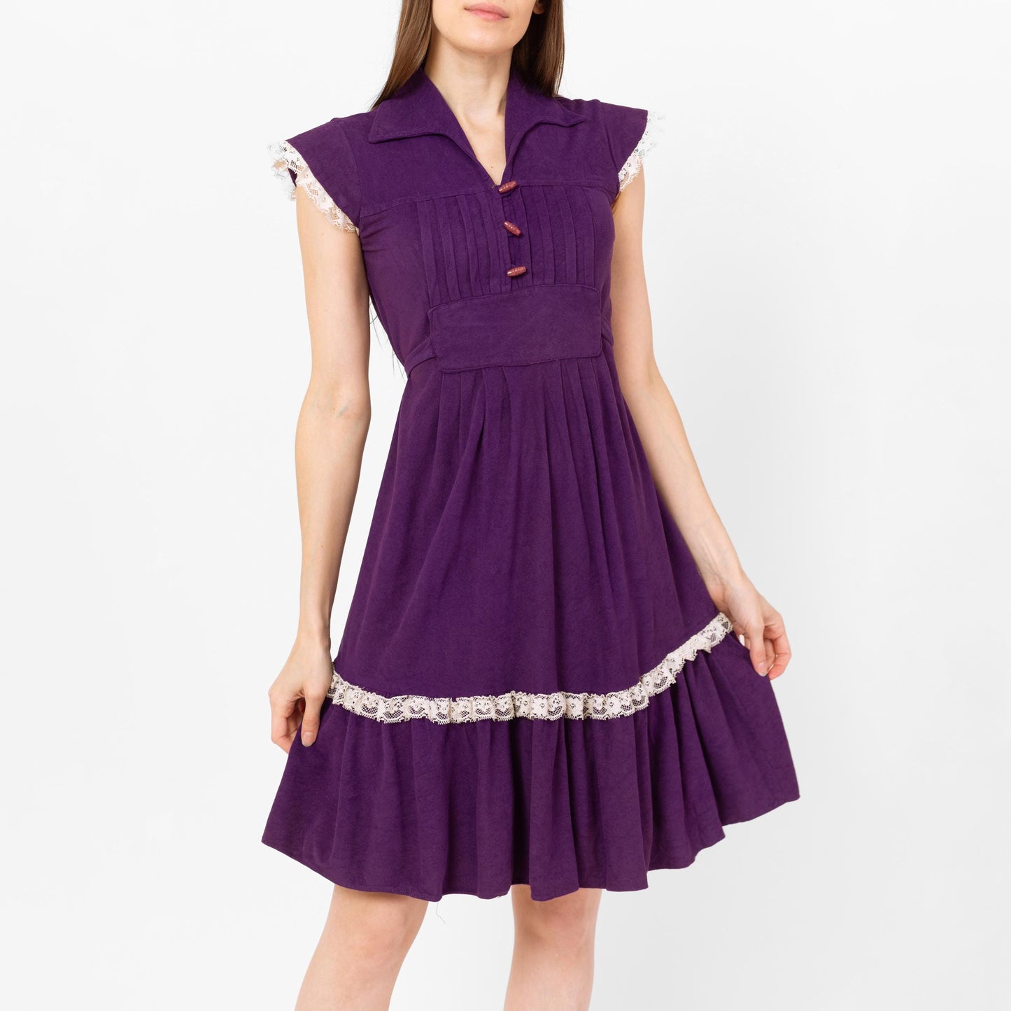 Vintage 70s Purple Lace Trim Prairie Mini Dress - Extra Small | Boho Knee Length Felt Sundress, A-Line Cottagecore Folk Dress