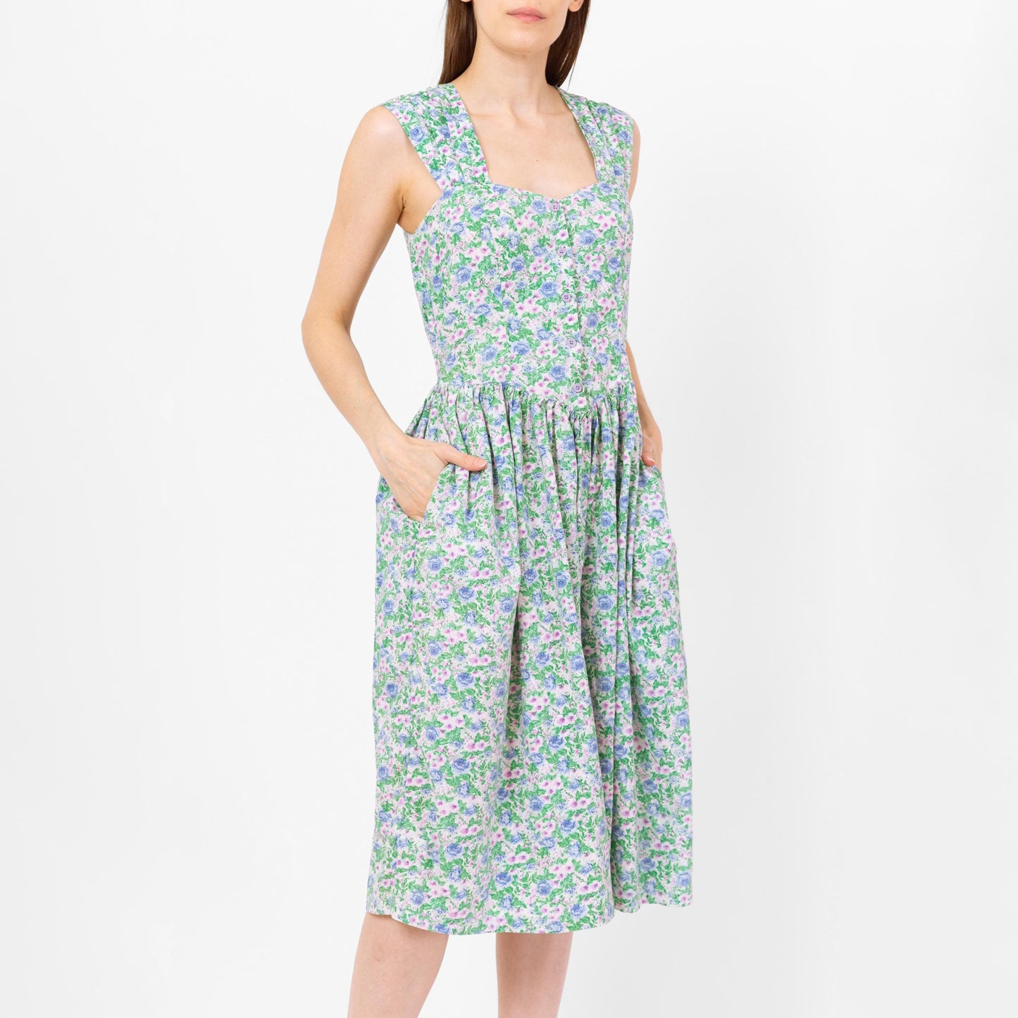 Vintage 80s Floral Cotton Fit & Flare Midi Sundress - Small | Boho Green Purple Basque Waist Button Front Sleeveless Pocket Dress