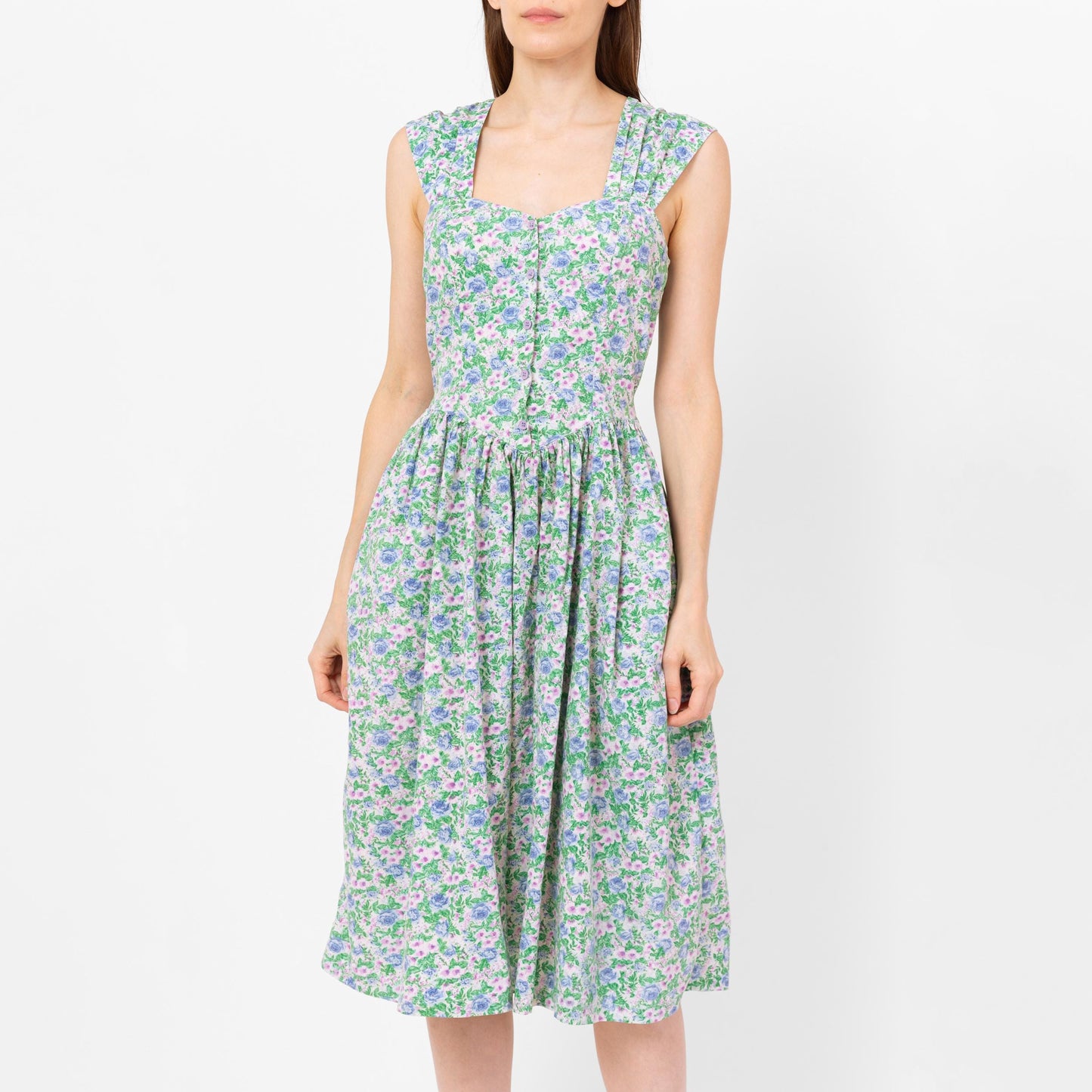 Vintage 80s Floral Cotton Fit & Flare Midi Sundress - Small | Boho Green Purple Basque Waist Button Front Sleeveless Pocket Dress