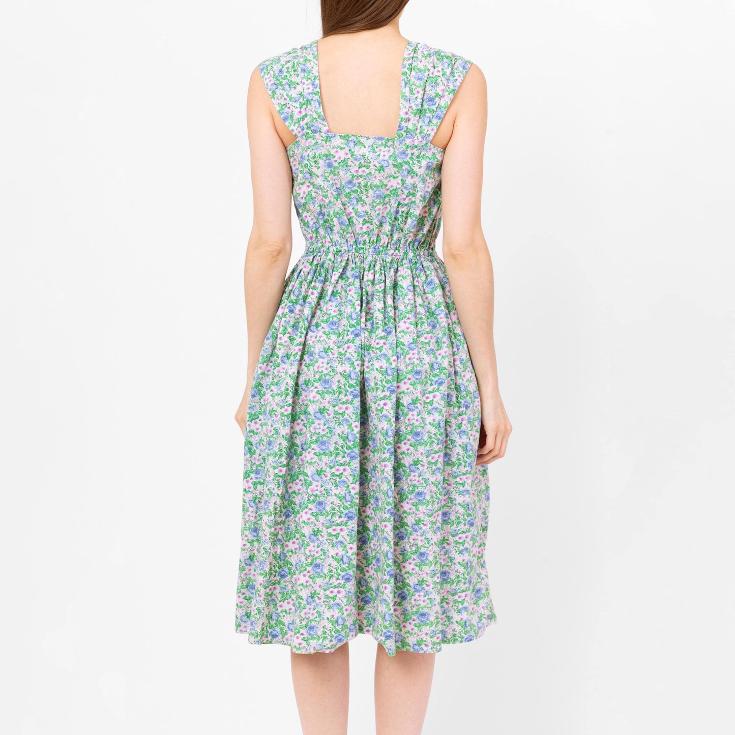 Vintage 80s Floral Cotton Fit & Flare Midi Sundress - Small | Boho Green Purple Basque Waist Button Front Sleeveless Pocket Dress