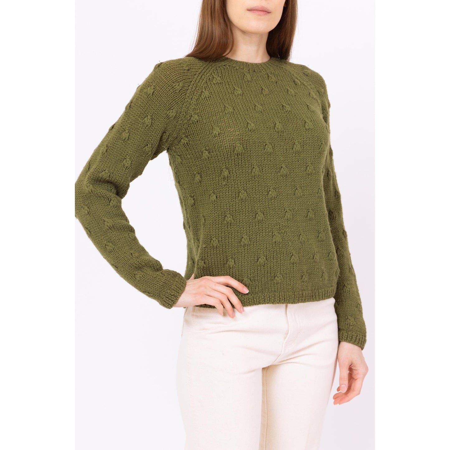 Vintage 60s Olive Green Wool Bobble Knit Sweater - Small to Medium | Boe Jests 3D Knit Pullover, Cottagecore Hand Knit Sweater