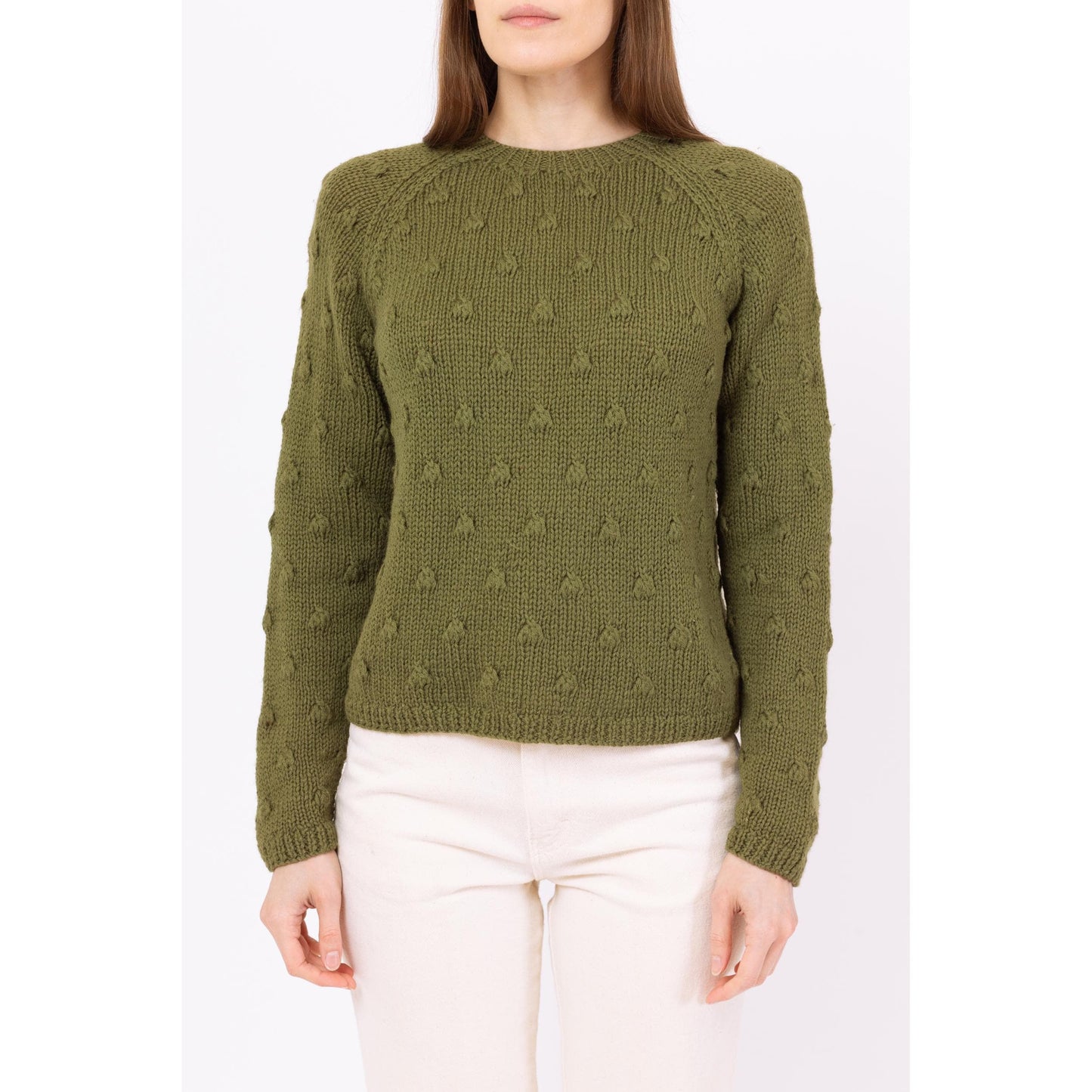 Vintage 60s Olive Green Wool Bobble Knit Sweater - Small to Medium | Boe Jests 3D Knit Pullover, Cottagecore Hand Knit Sweater
