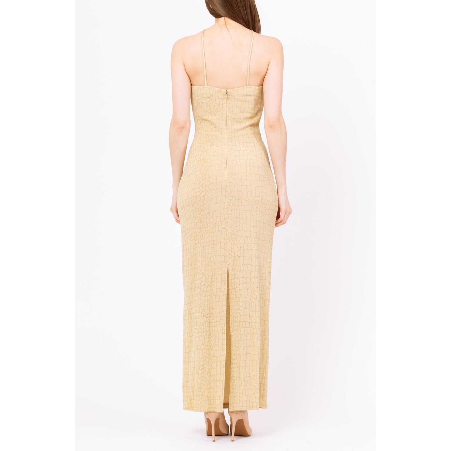 Vintage 90s Cache Gold Metallic Mosaic Maxi Dress - Small | Formal Sparkle Evening Gown, Slinky Sleeveless Wedding Guest Dress Dress