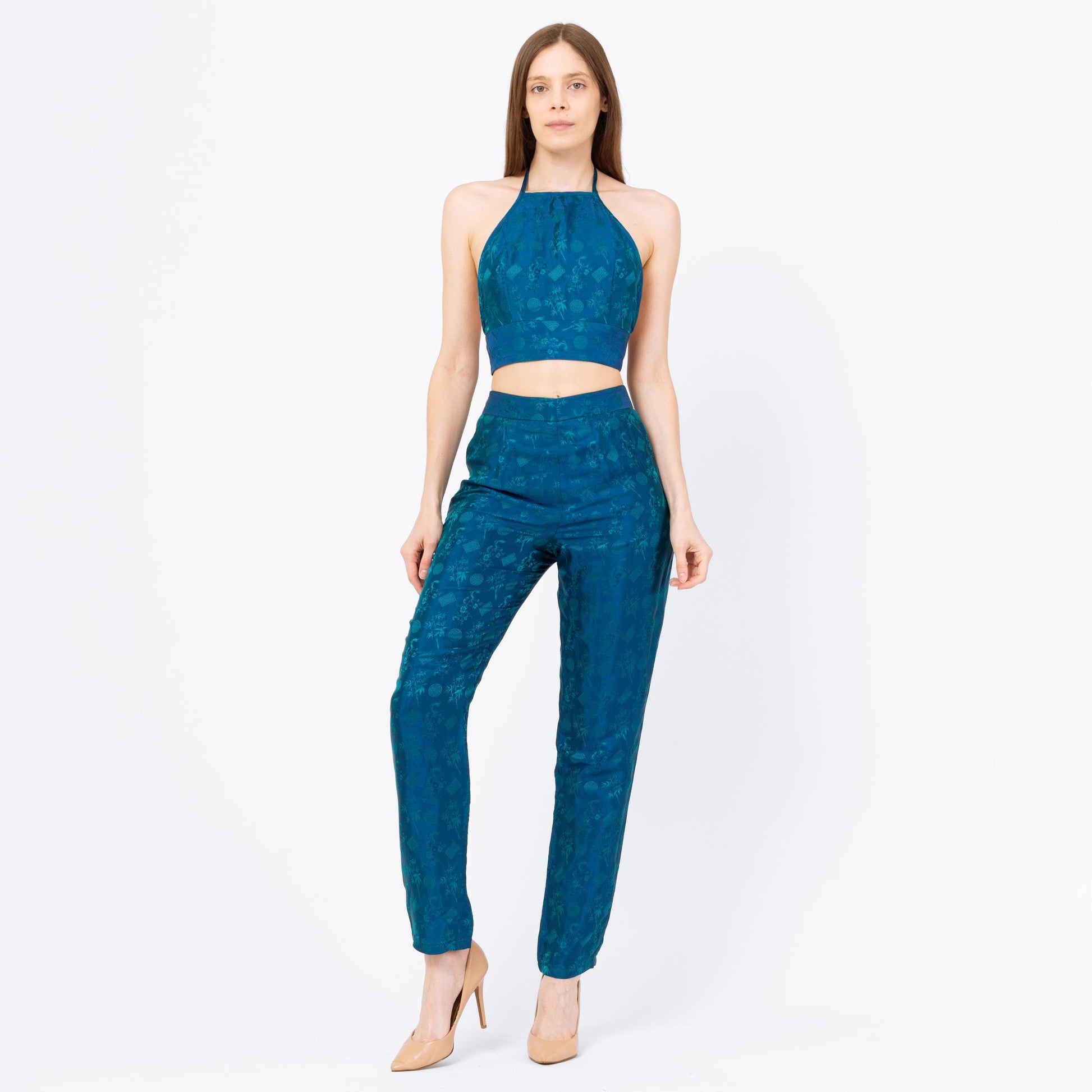 Vietnamese Teal Silk Jacquard Halter Top & Pants Set - Medium | Vintage Matching Two Piece Outfit, Formal Crop Top Trouser Pantsuit