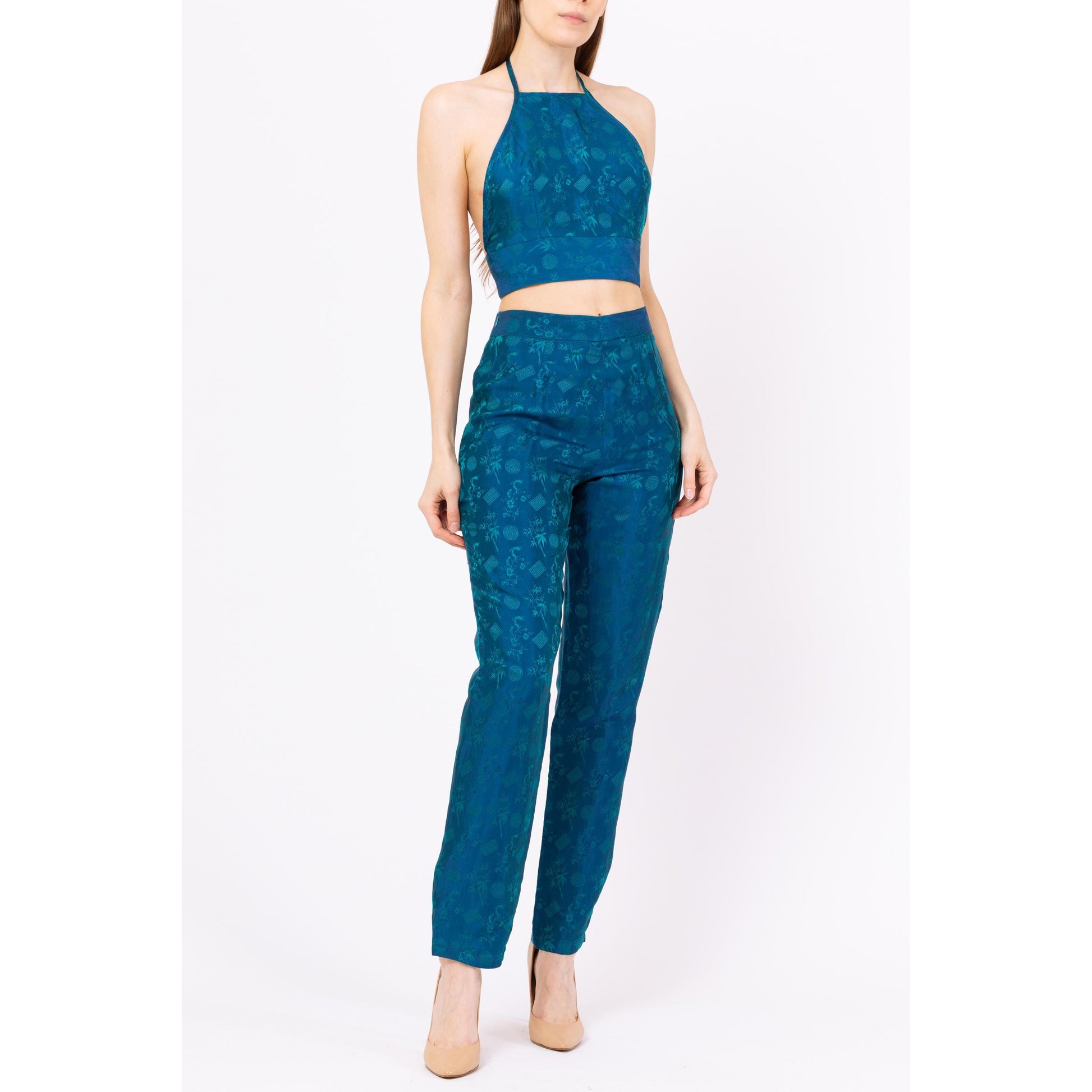 Vietnamese Teal Silk Jacquard Halter Top & Pants Set - Medium | Vintage Matching Two Piece Outfit, Formal Crop Top Trouser Pantsuit