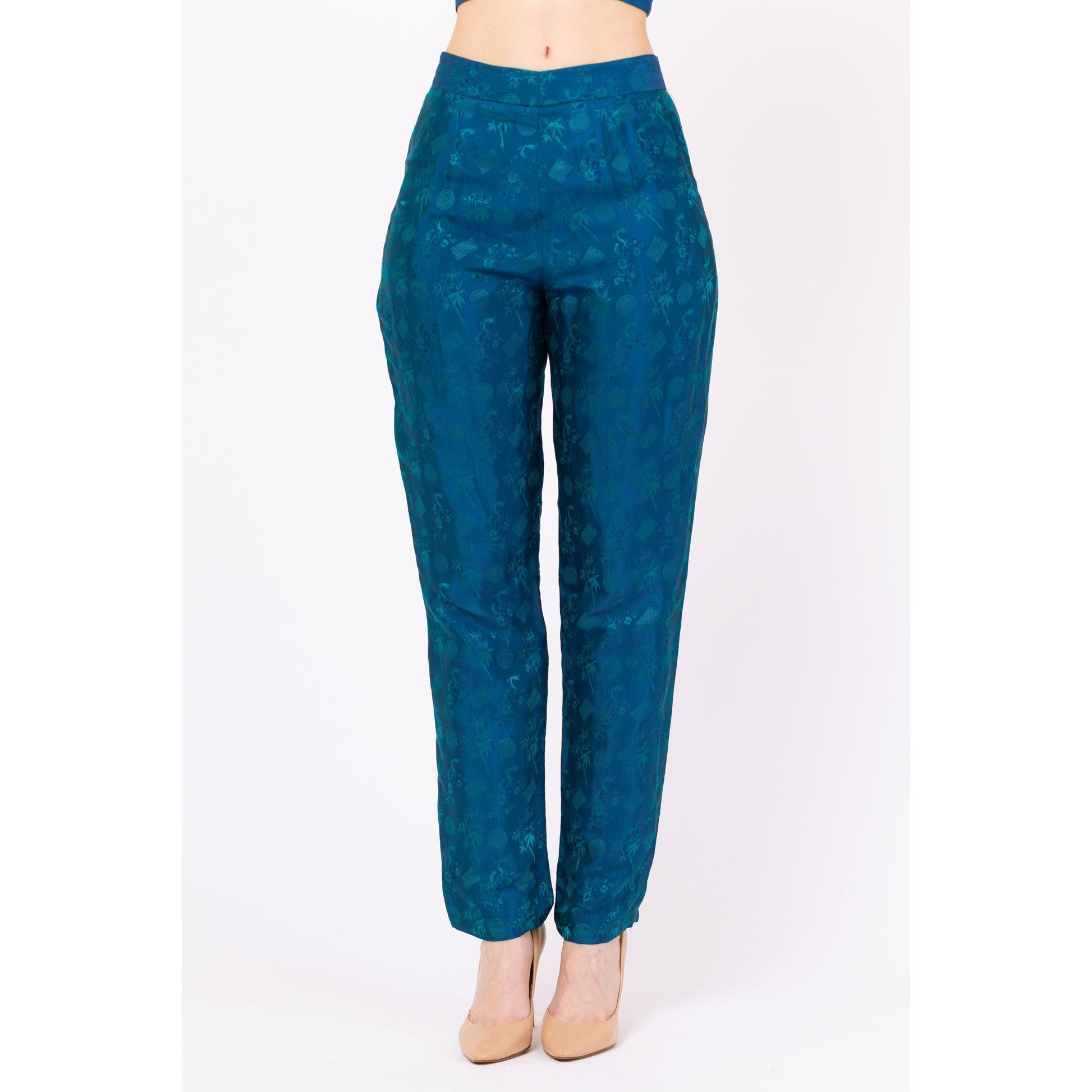 Vietnamese Teal Silk Jacquard Halter Top & Pants Set - Medium | Vintage Matching Two Piece Outfit, Formal Crop Top Trouser Pantsuit