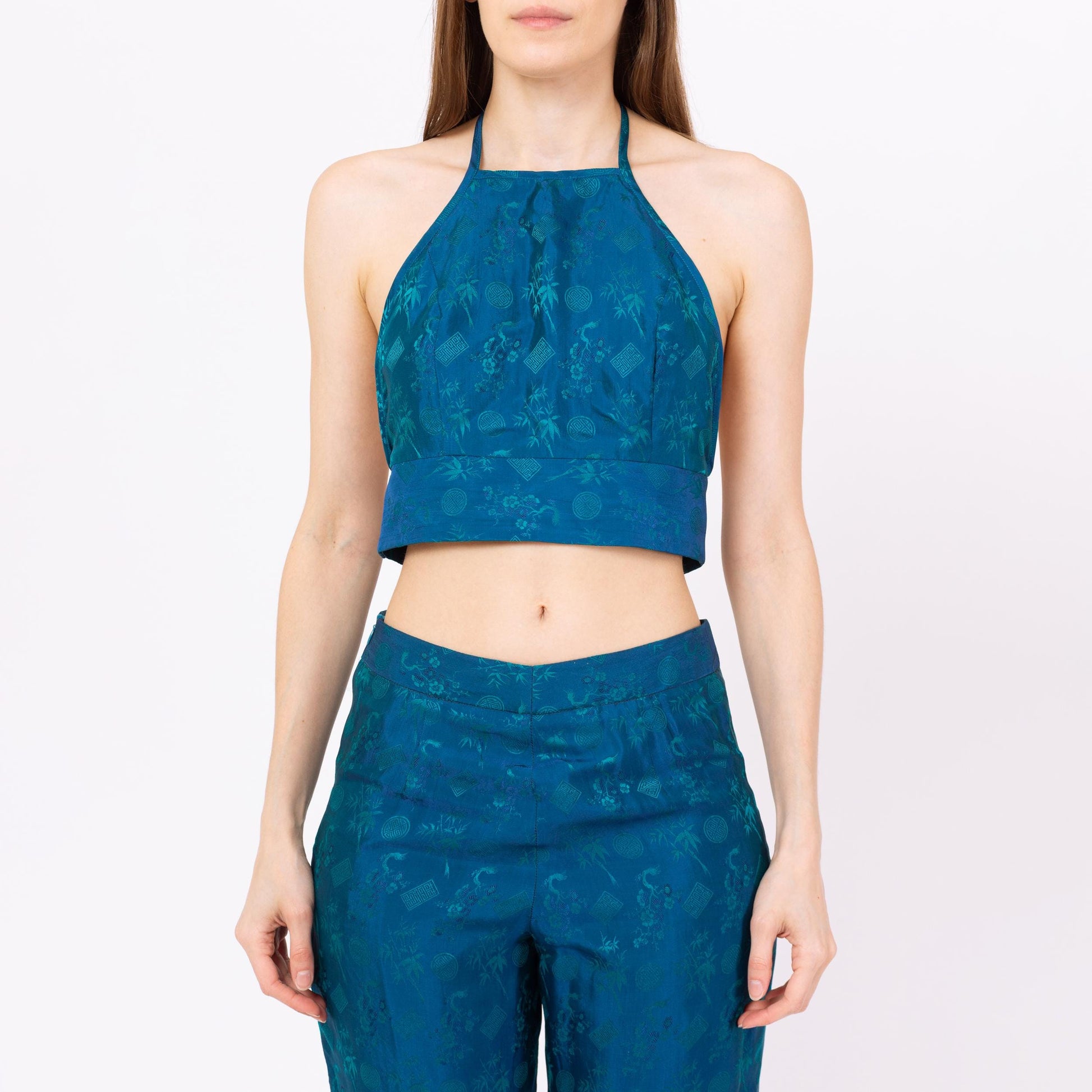 Vietnamese Teal Silk Jacquard Halter Top & Pants Set - Medium | Vintage Matching Two Piece Outfit, Formal Crop Top Trouser Pantsuit