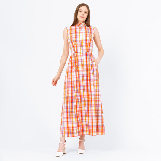 Vintage 60s Orange Plaid Seersucker Maxi Dress - Small | Retro Collared Sleeveless A Line Dress With Pockets
