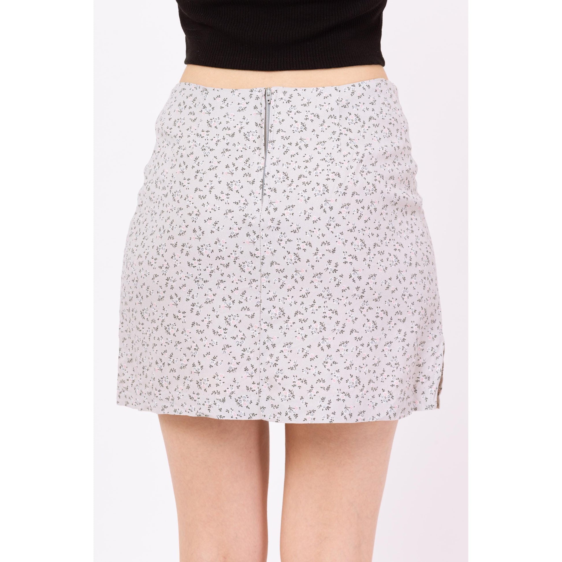 Vintage 90s Ditsy Floral Mini Skirt - Small | Grey Calico Print Drawstring Waist Fitted Miniskirt