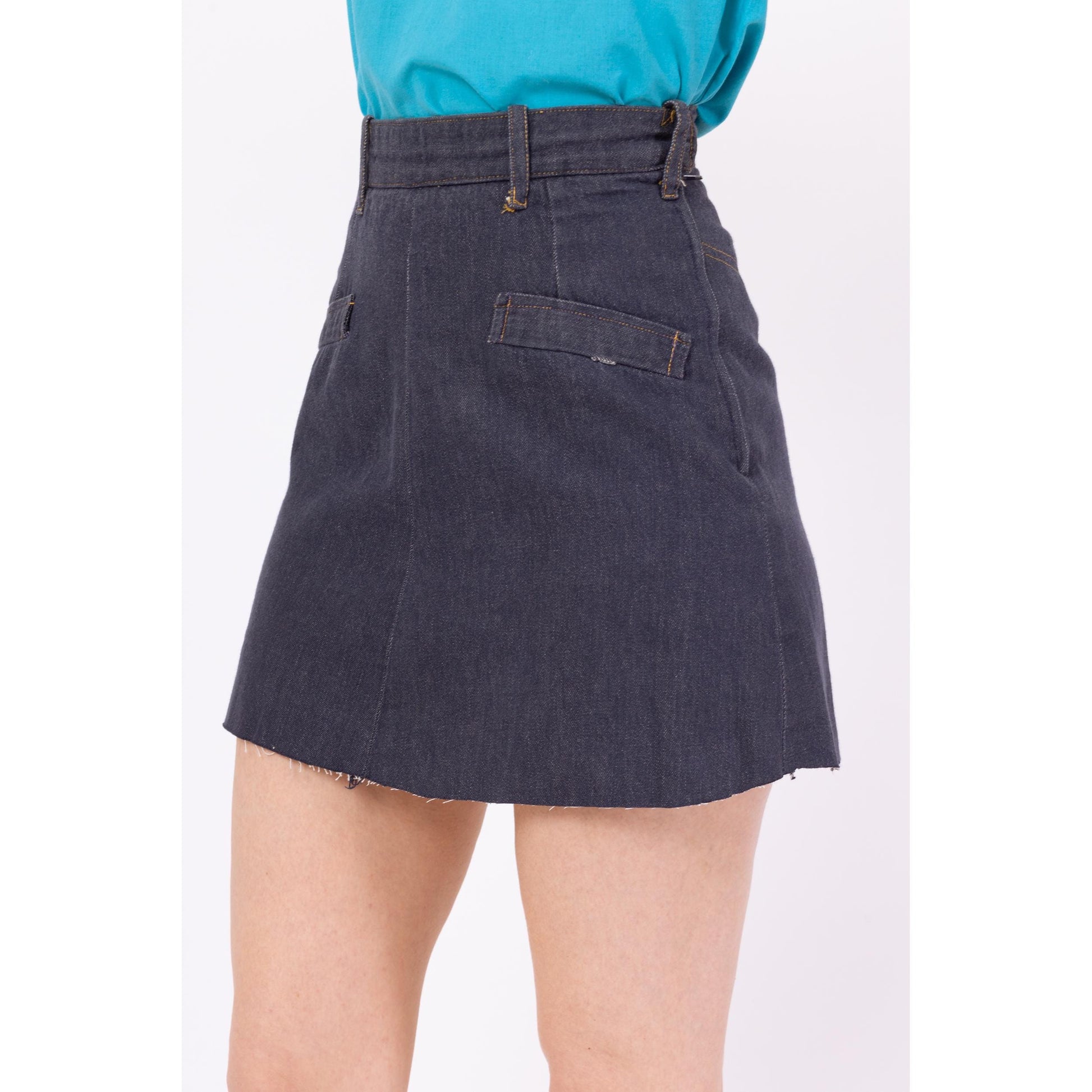 Vintage 70s Denim A Line Mini Skirt - Extra Small, 24" Waist | Boho Dark Wash Cut Off Jean Skirt