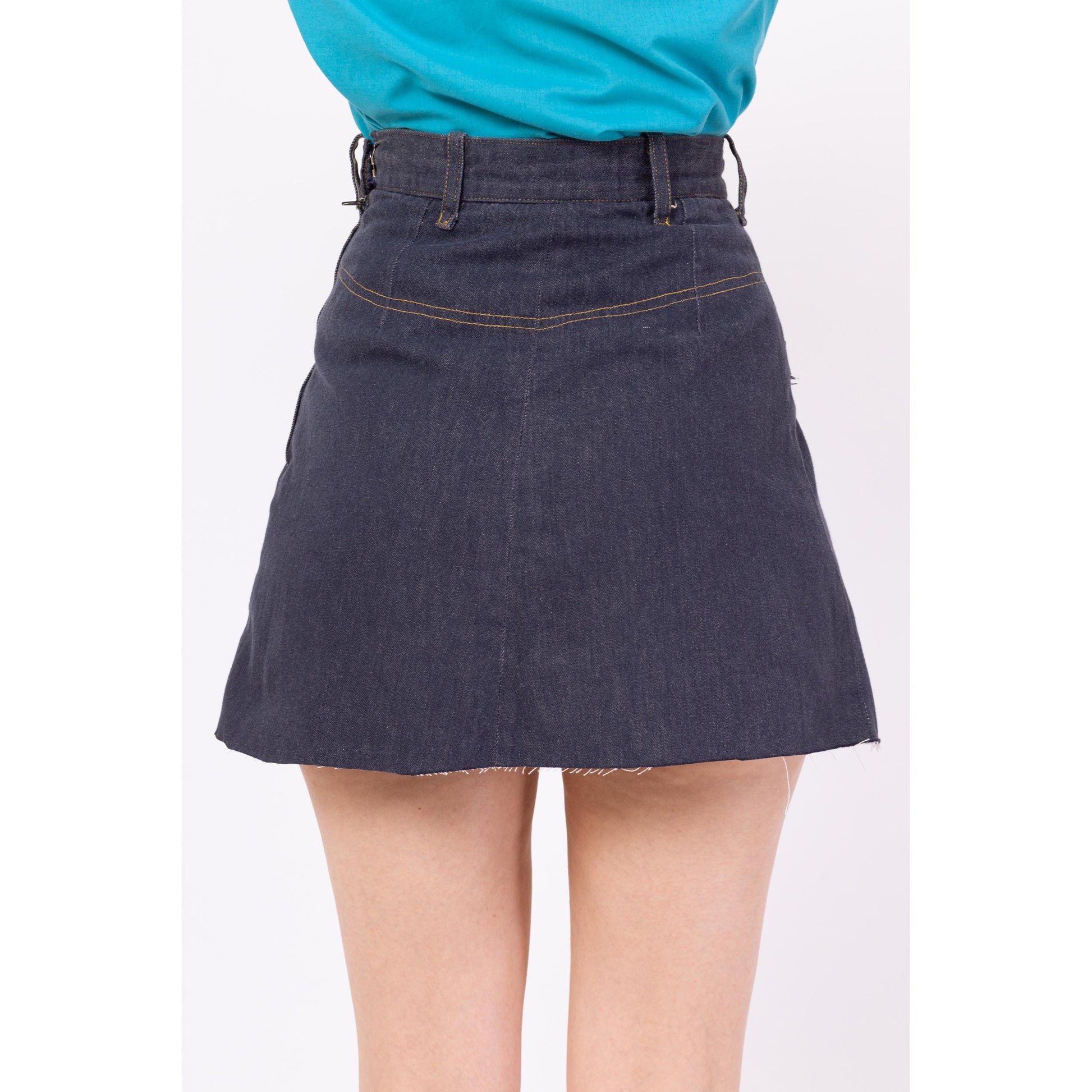 Vintage 70s Denim A Line Mini Skirt - Extra Small, 24" Waist | Boho Dark Wash Cut Off Jean Skirt