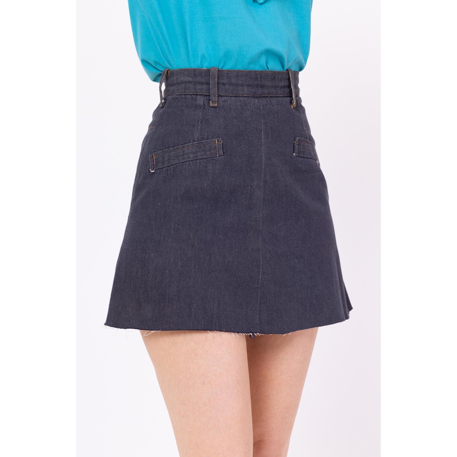 Vintage 70s Denim A Line Mini Skirt - Extra Small, 24" Waist | Boho Dark Wash Cut Off Jean Skirt